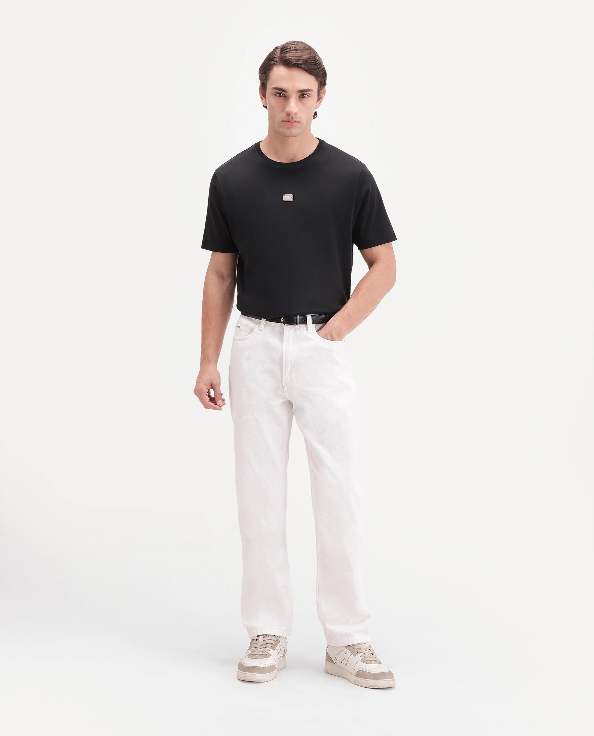 Rare Rabbit Men's Werf Primary Black Cotton Crew Neck Regular Plain T-Shirt