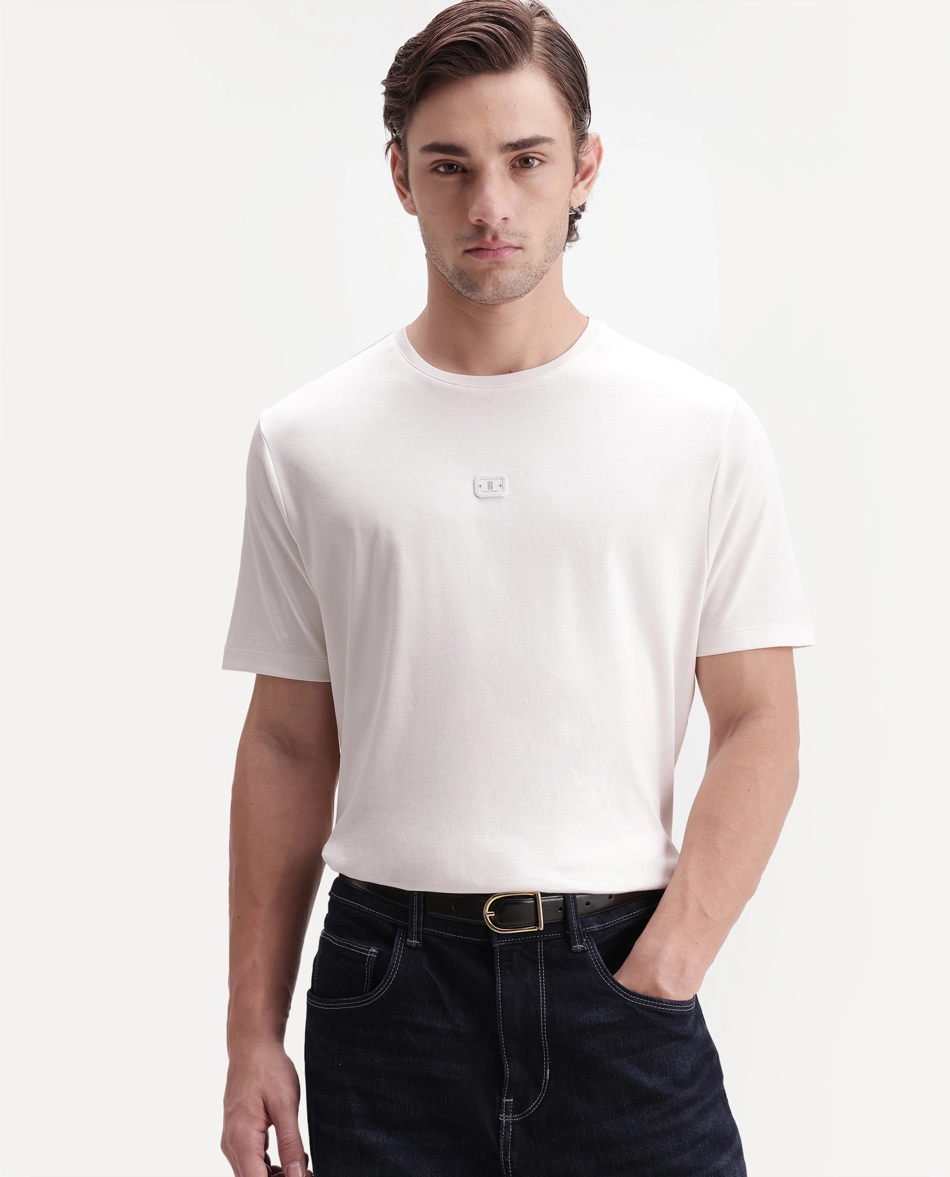 Rare Rabbit Men's Werf Primary White Cotton Crew Neck Regular Plain T-Shirt