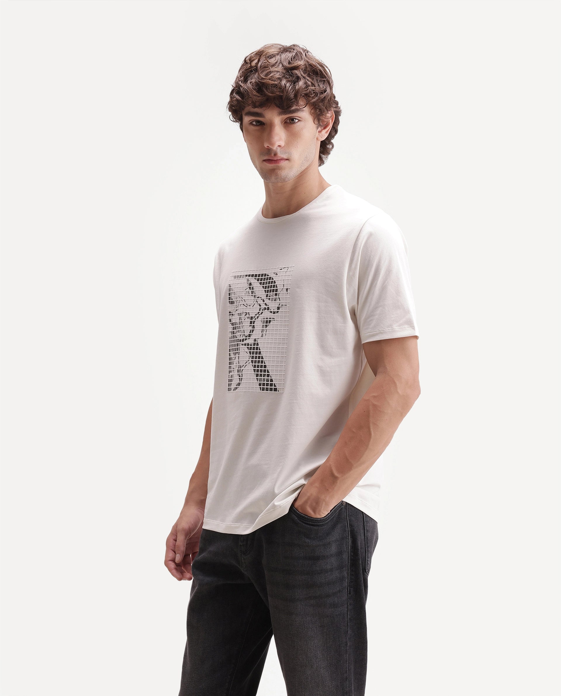Rare Rabbit Men's Colt Primary Off White Cotton Blend Crew Neck Regular Graphic Print T-Shirt