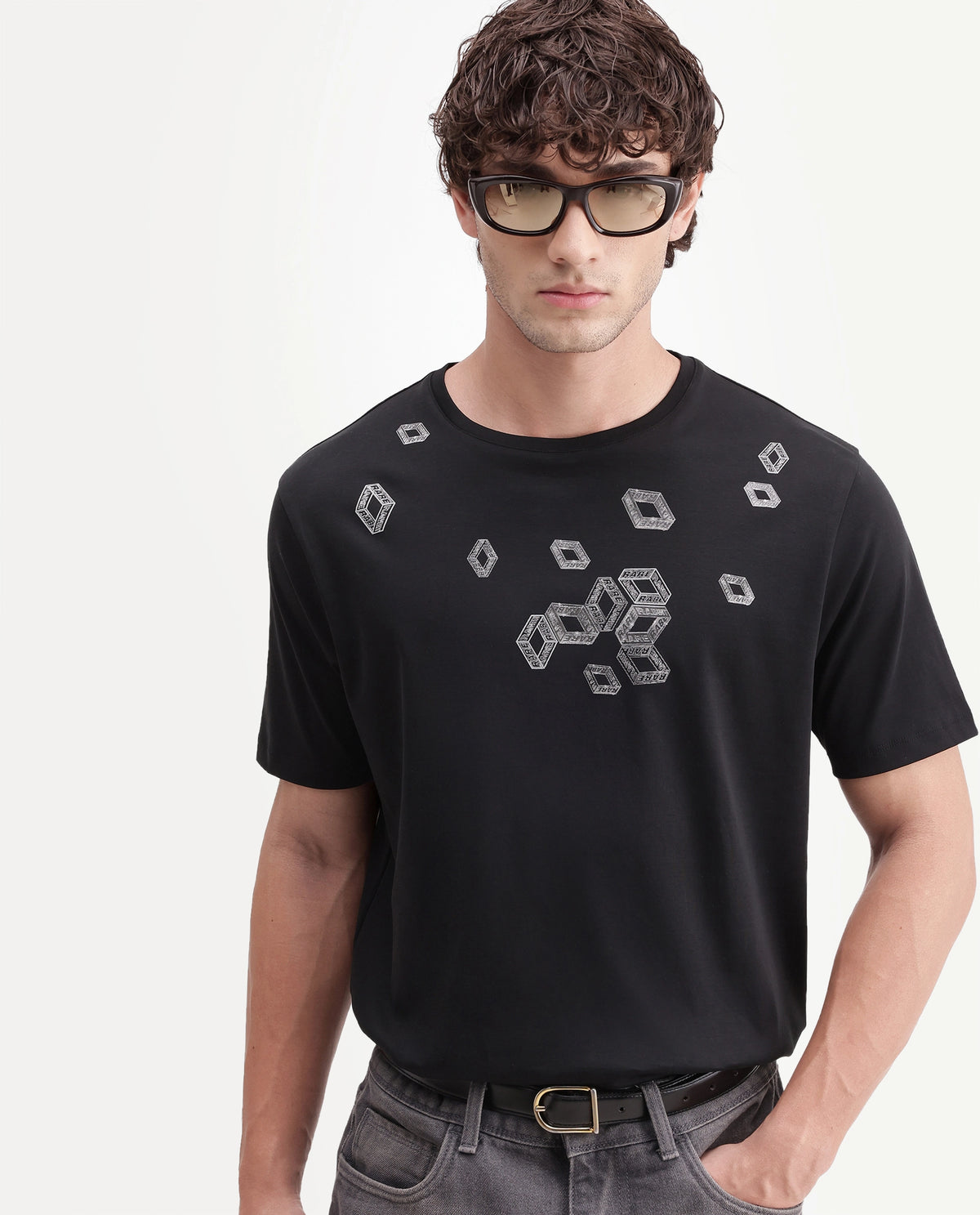 Rare Rabbit Men's Seol Primary Black Cotton Crew Neck Regular Graphic Print T-Shirt