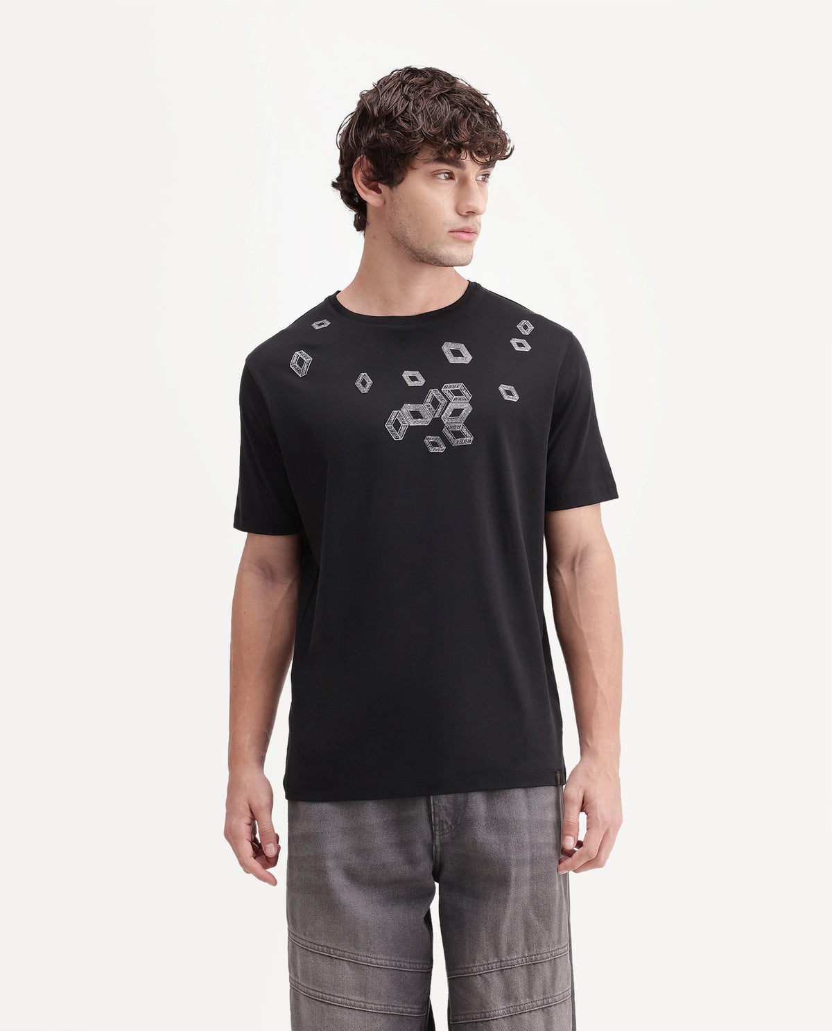 Rare Rabbit Men's Seol Primary Black Cotton Crew Neck Regular Graphic Print T-Shirt