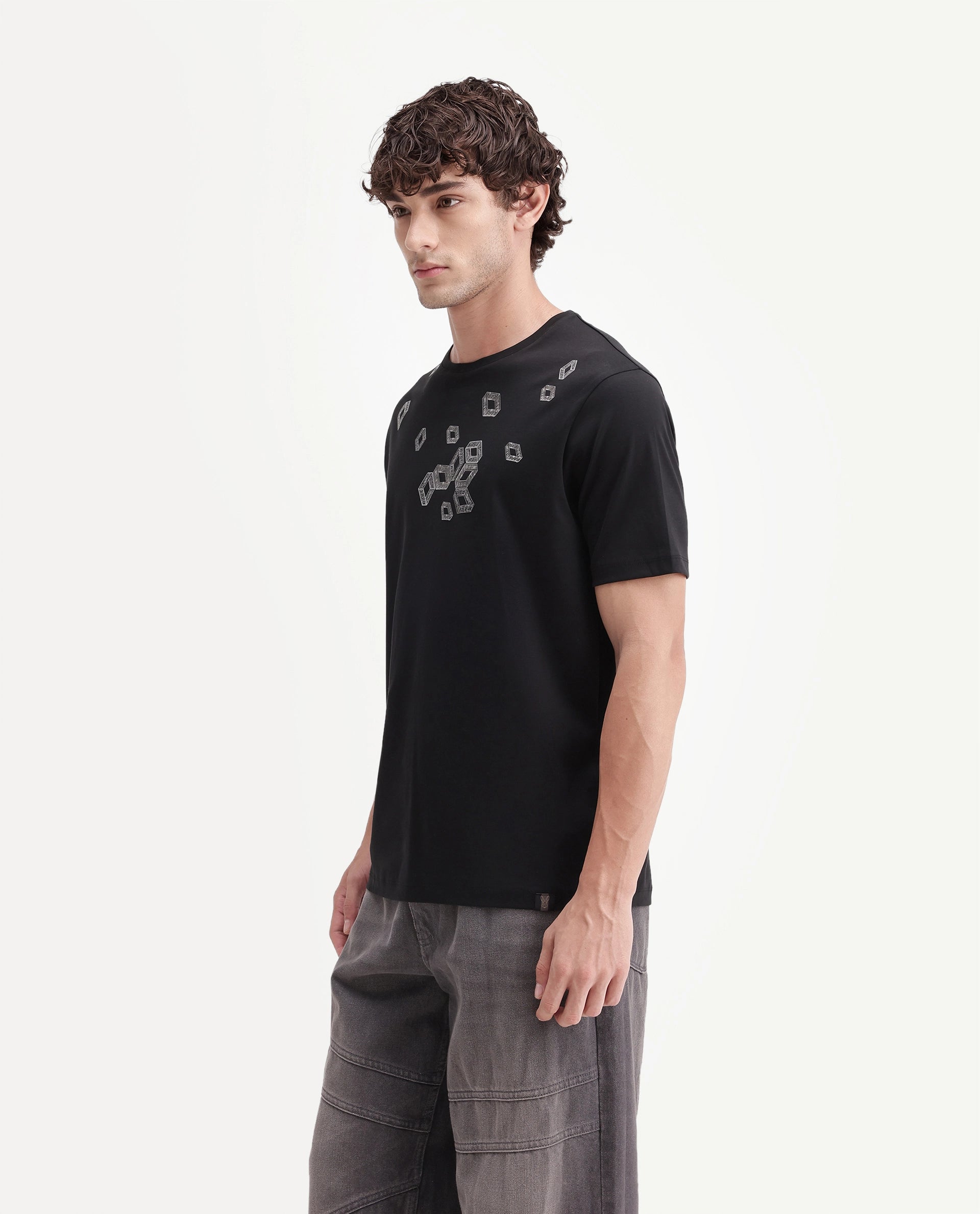 Rare Rabbit Men's Seol Primary Black Cotton Crew Neck Regular Graphic Print T-Shirt