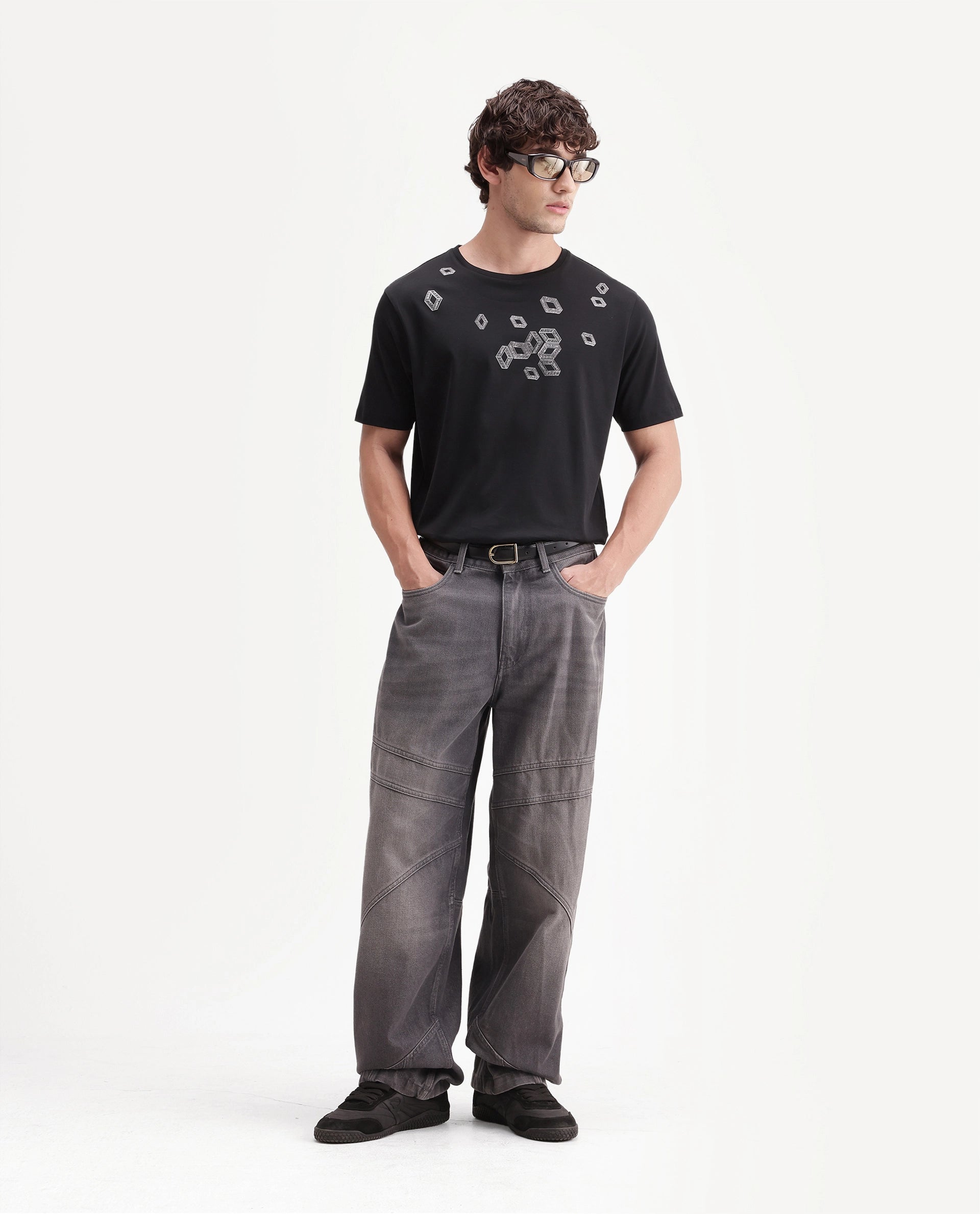 Rare Rabbit Men's Seol Primary Black Cotton Crew Neck Regular Graphic Print T-Shirt