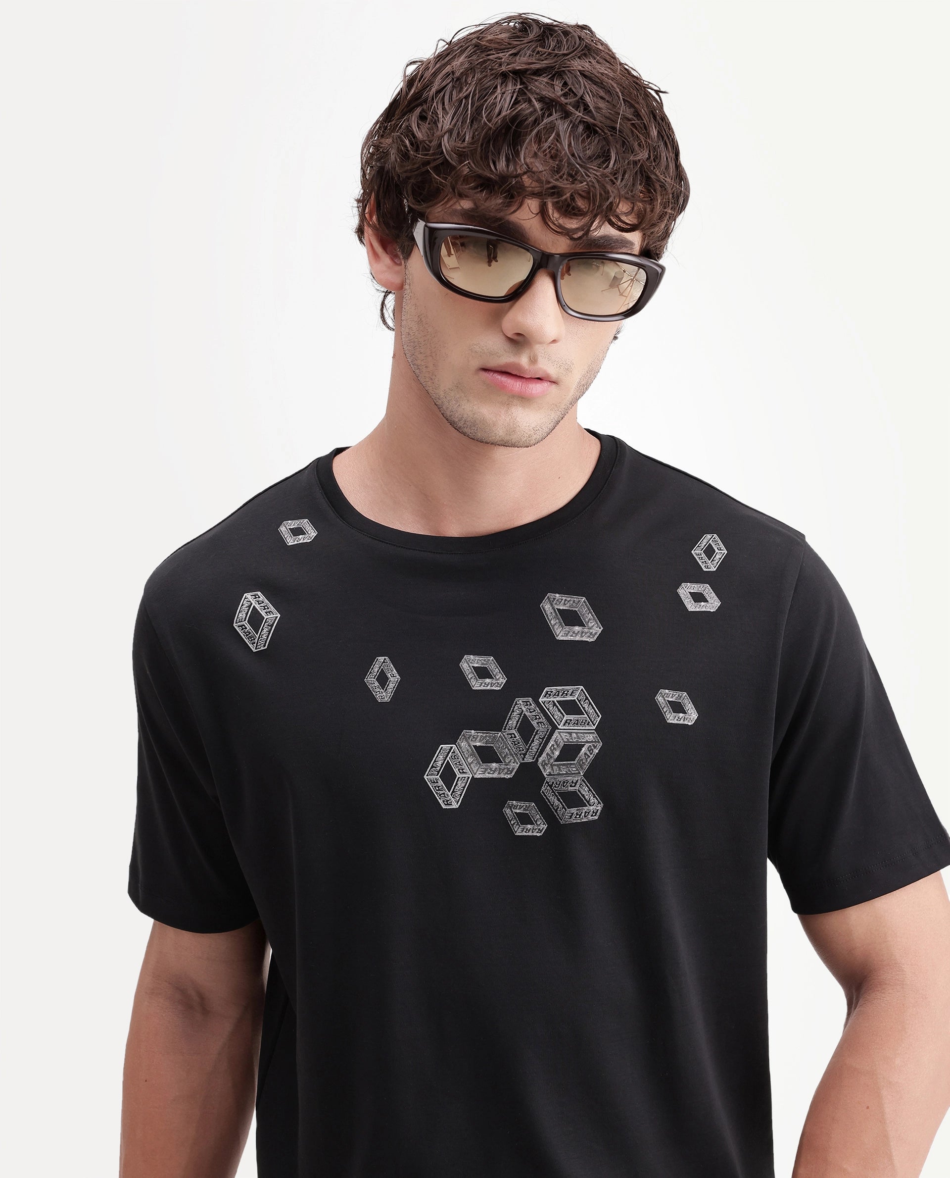 Rare Rabbit Men's Seol Primary Black Cotton Crew Neck Regular Graphic Print T-Shirt