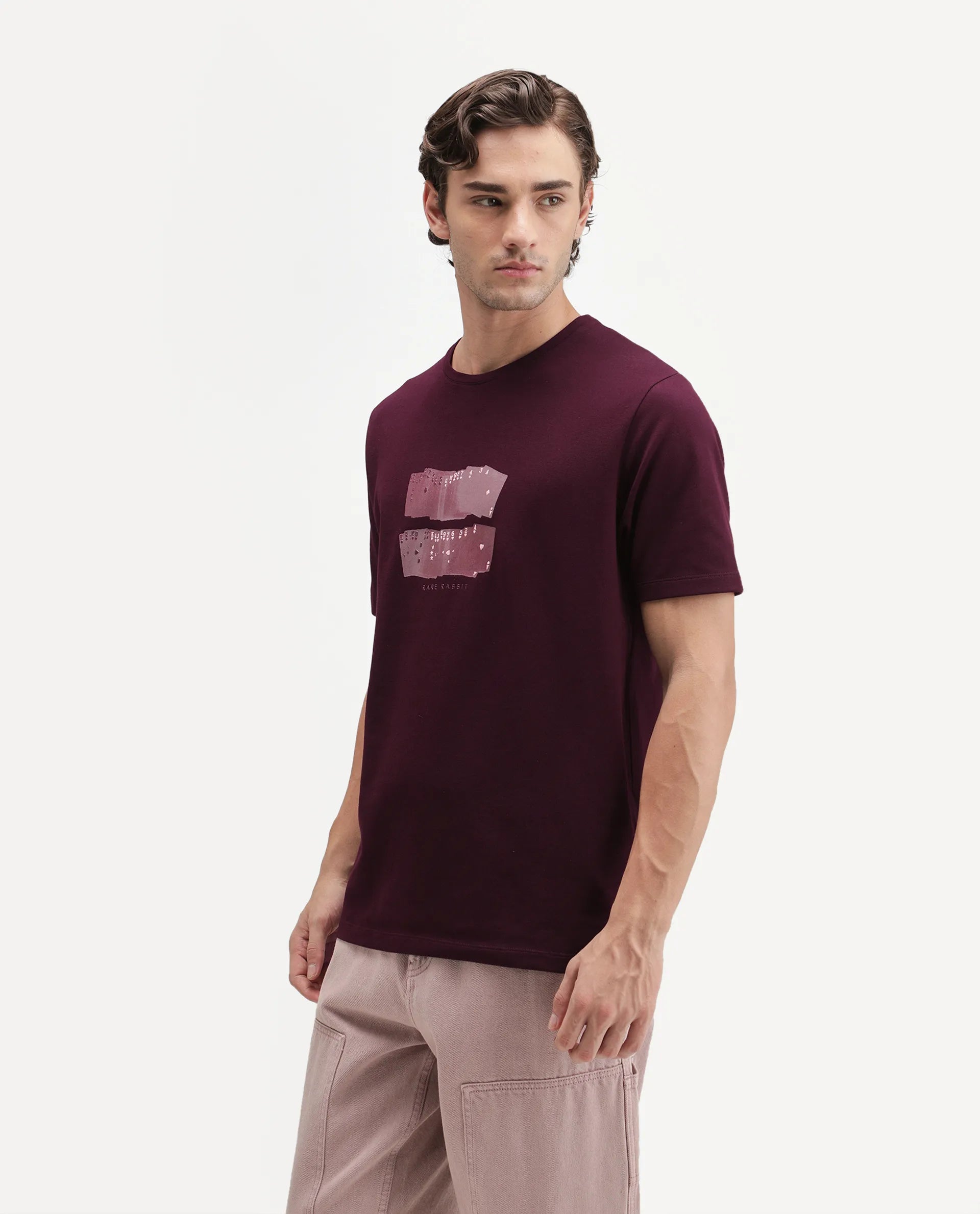 Rare Rabbit Men's Draker Dark Red Cotton Blend Crew Neck Regular Graphic Print T-Shirt
