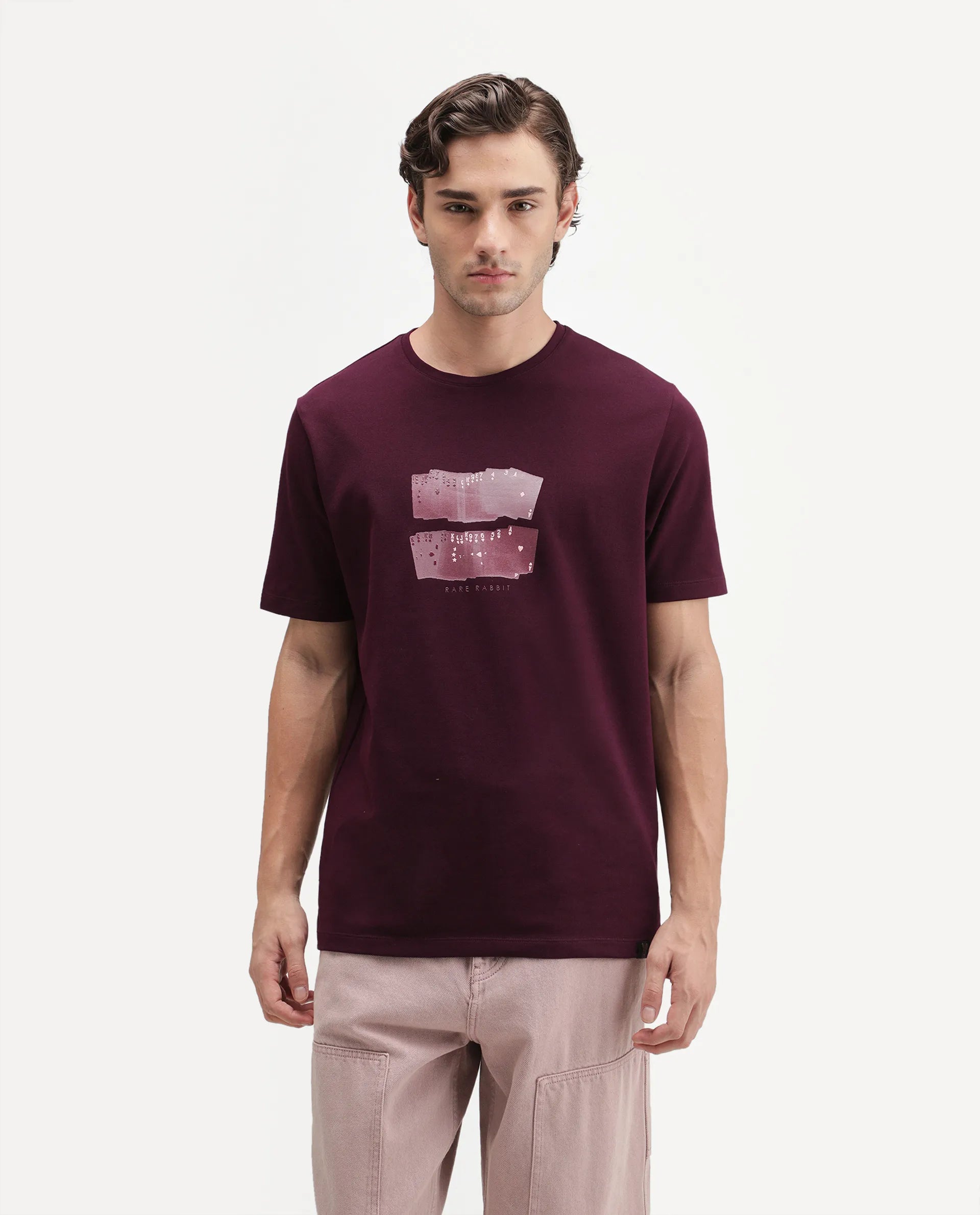 Rare Rabbit Men's Draker Dark Red Cotton Blend Crew Neck Regular Graphic Print T-Shirt
