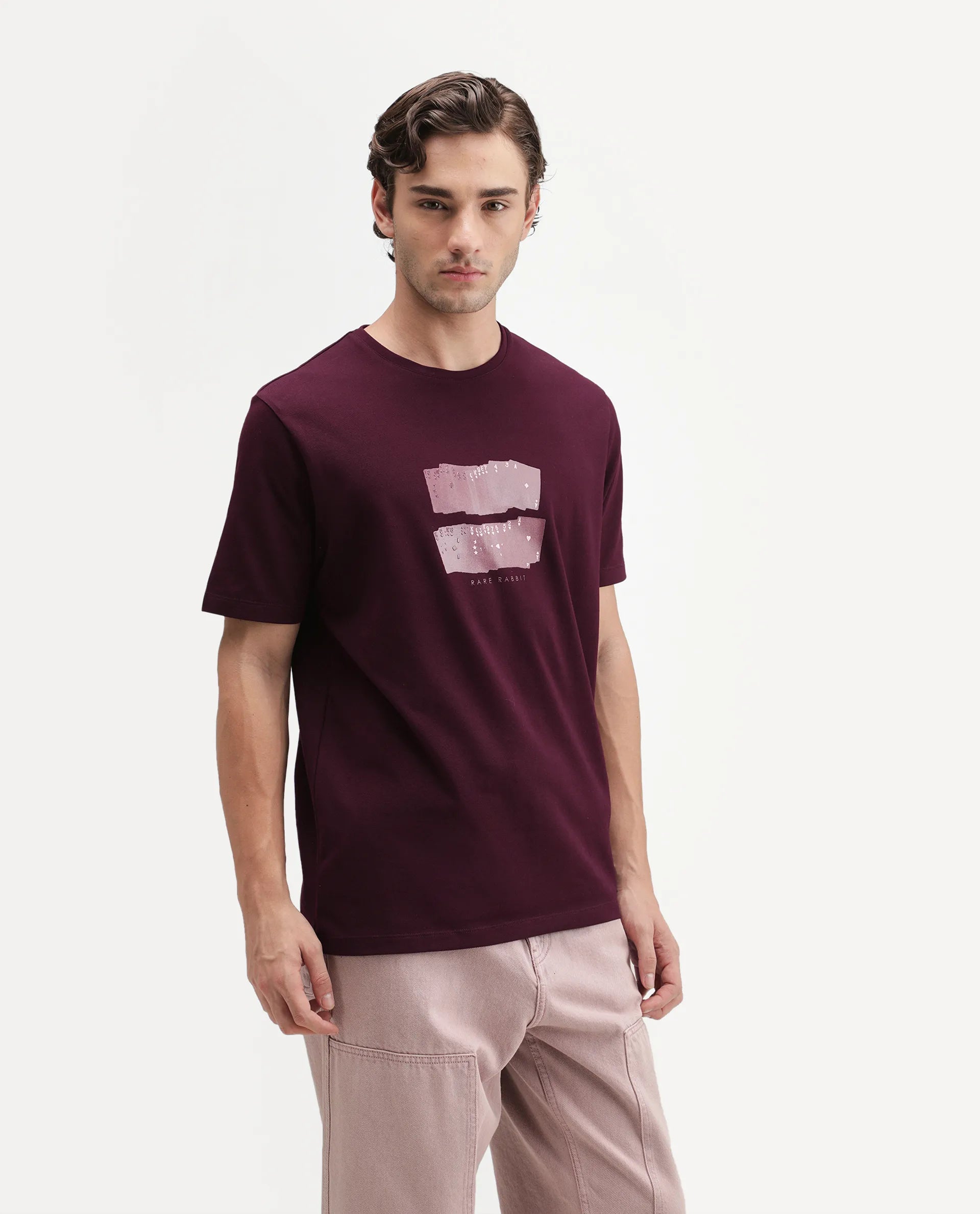 Rare Rabbit Men's Draker Dark Red Cotton Blend Crew Neck Regular Graphic Print T-Shirt