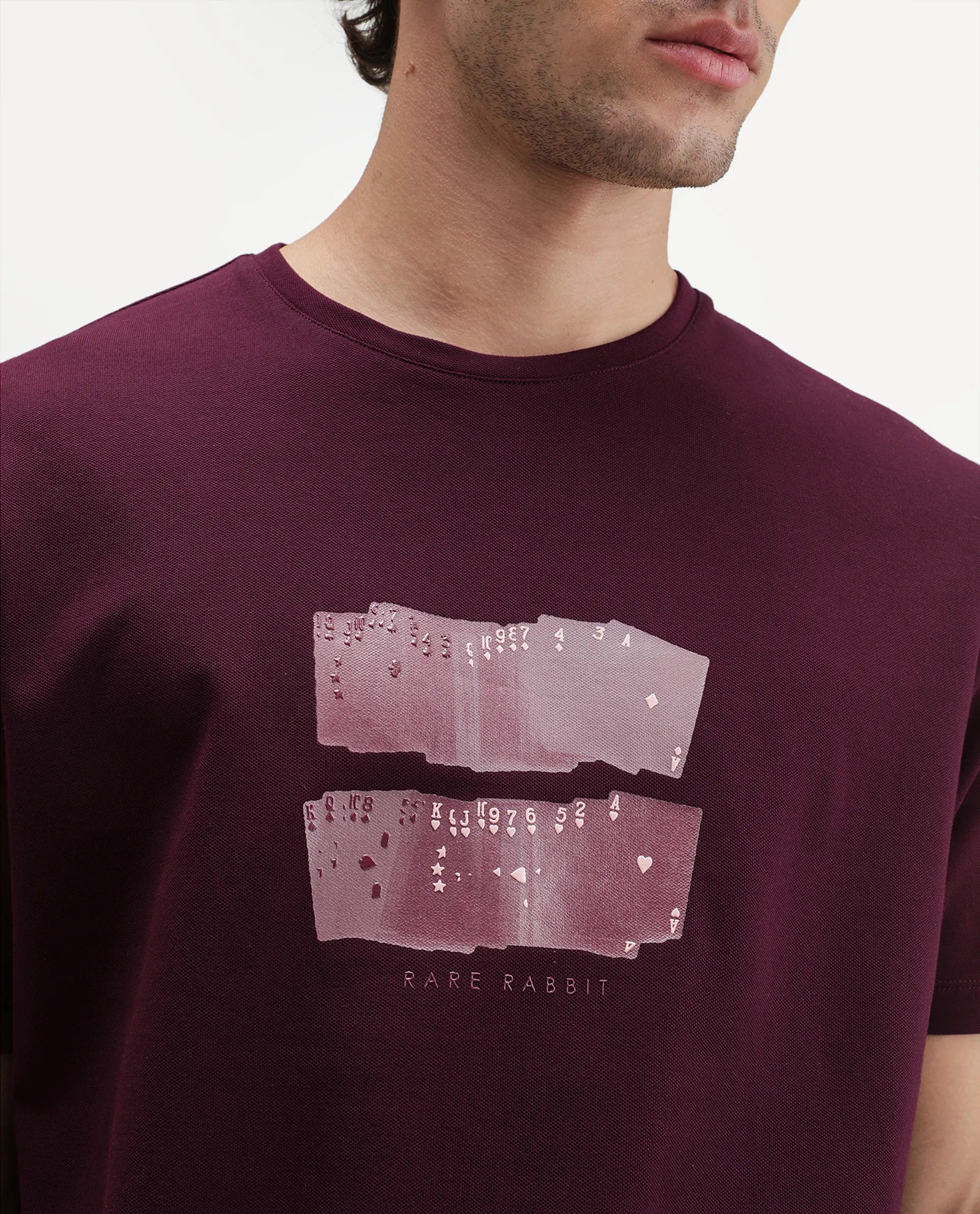 Rare Rabbit Men's Draker Dark Red Cotton Blend Crew Neck Regular Graphic Print T-Shirt