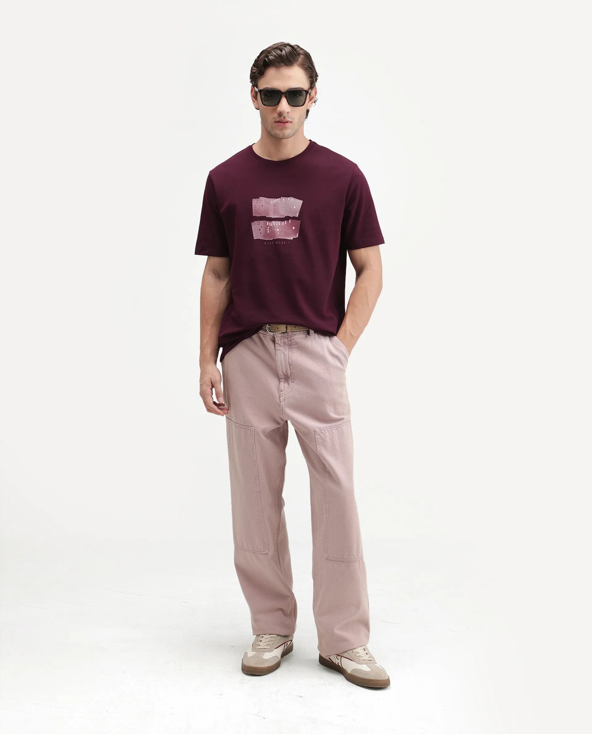 Rare Rabbit Men's Draker Dark Red Cotton Blend Crew Neck Regular Graphic Print T-Shirt