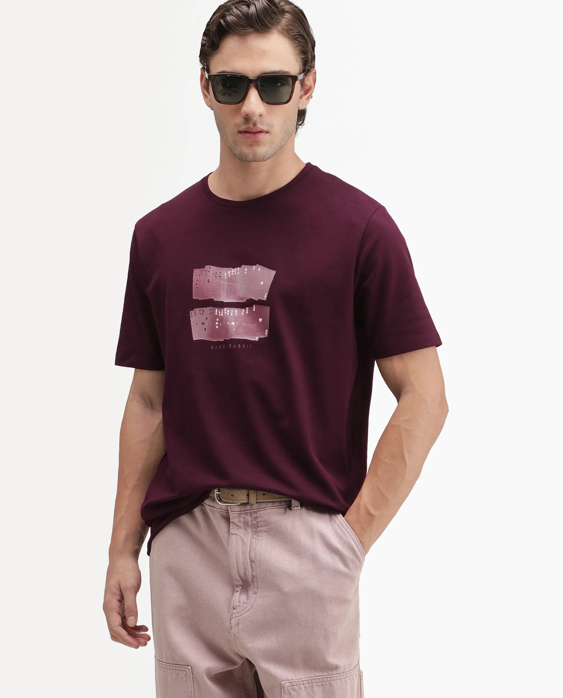 Rare Rabbit Men's Draker Dark Red Cotton Blend Crew Neck Regular Graphic Print T-Shirt