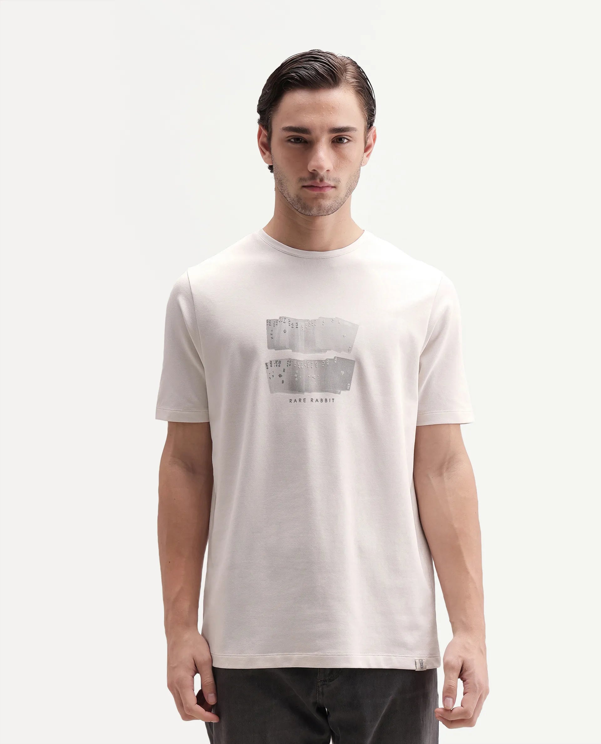 Rare Rabbit Men's Draker Primary Off White Cotton Blend Crew Neck Regular Graphic Print T-Shirt