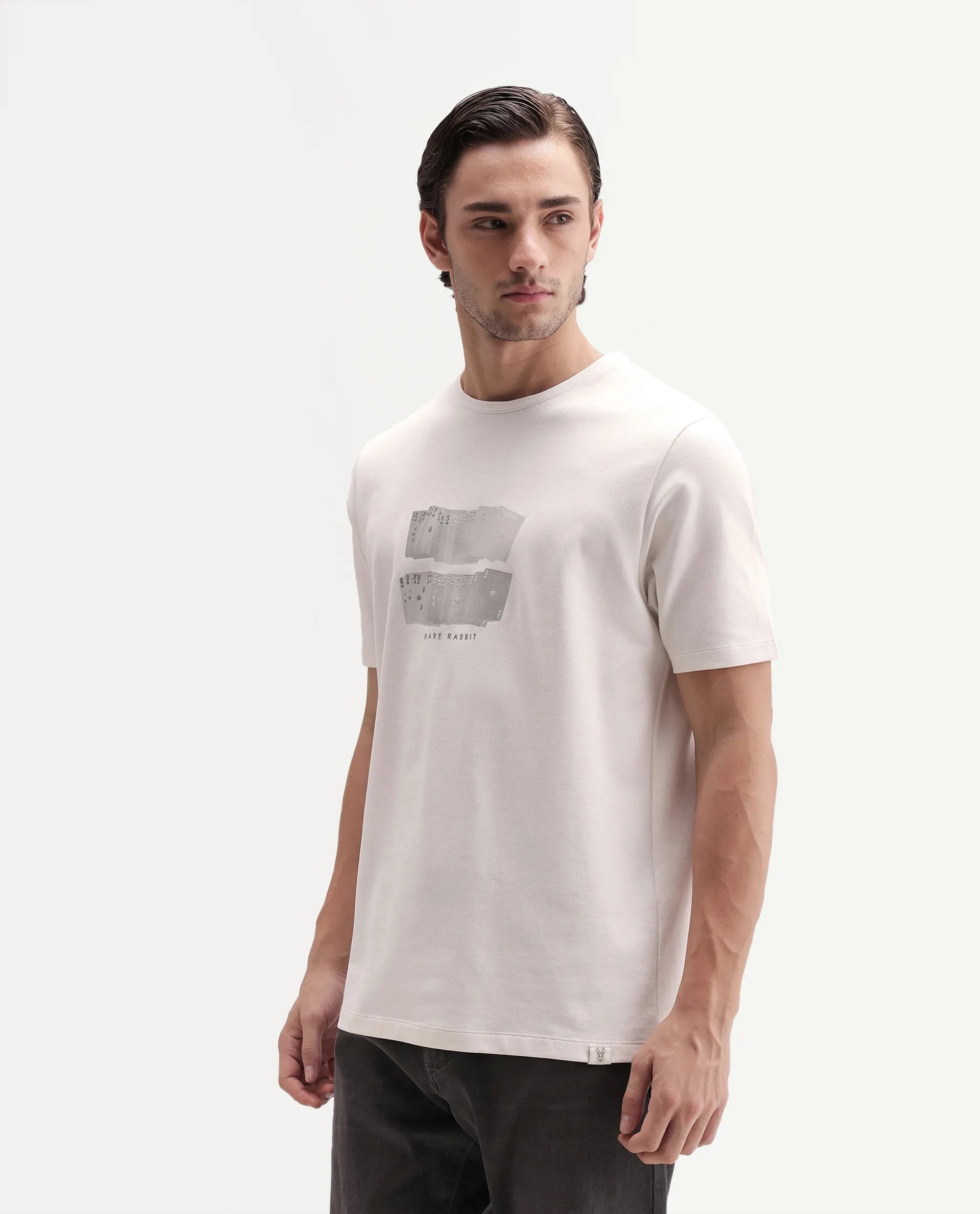 Rare Rabbit Men's Draker Primary Off White Cotton Blend Crew Neck Regular Graphic Print T-Shirt