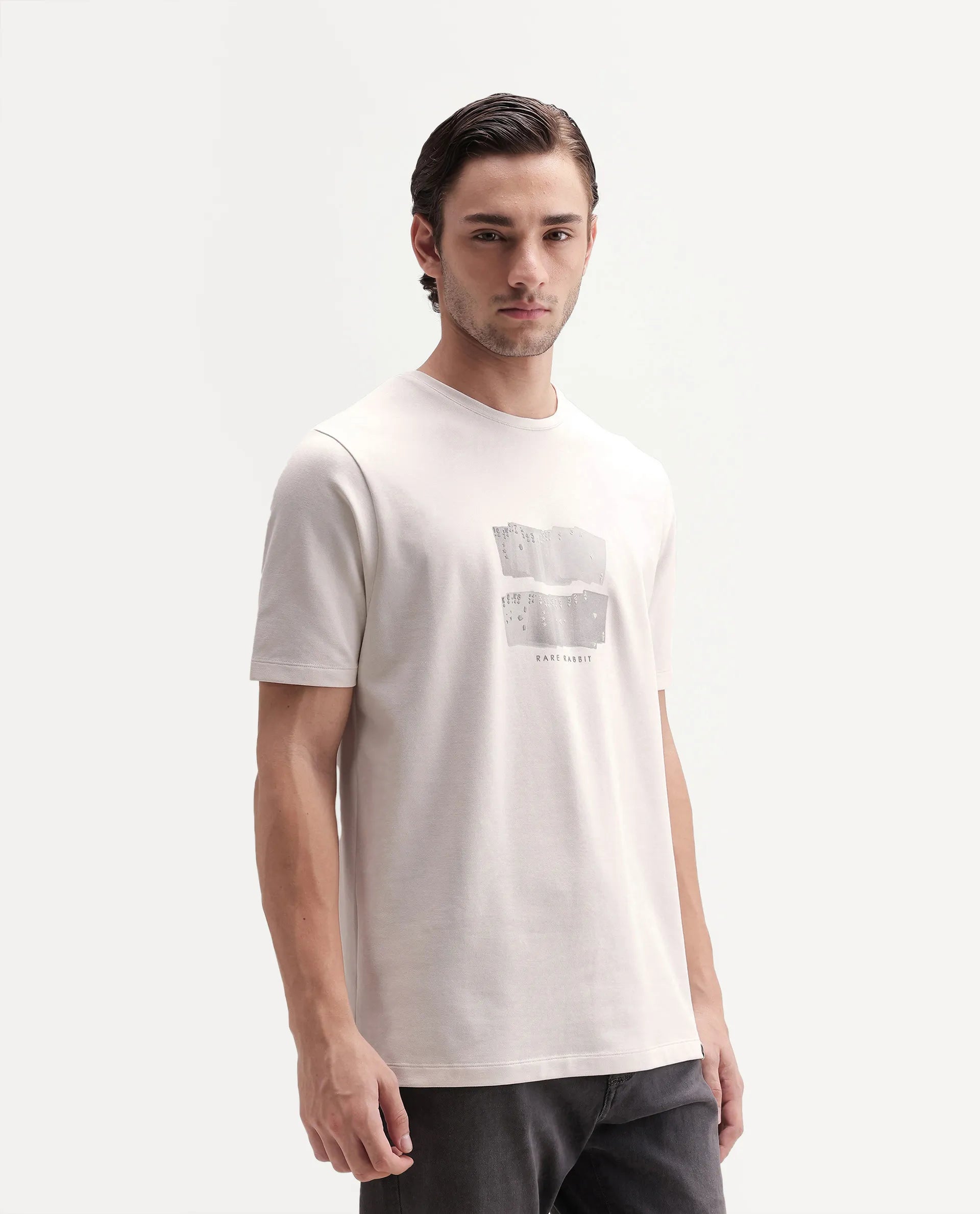 Rare Rabbit Men's Draker Primary Off White Cotton Blend Crew Neck Regular Graphic Print T-Shirt