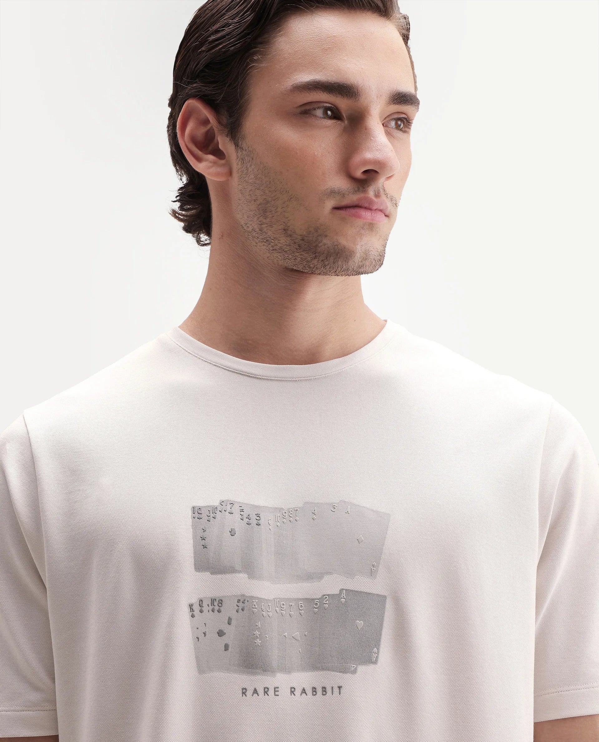 Rare Rabbit Men's Draker Primary Off White Cotton Blend Crew Neck Regular Graphic Print T-Shirt