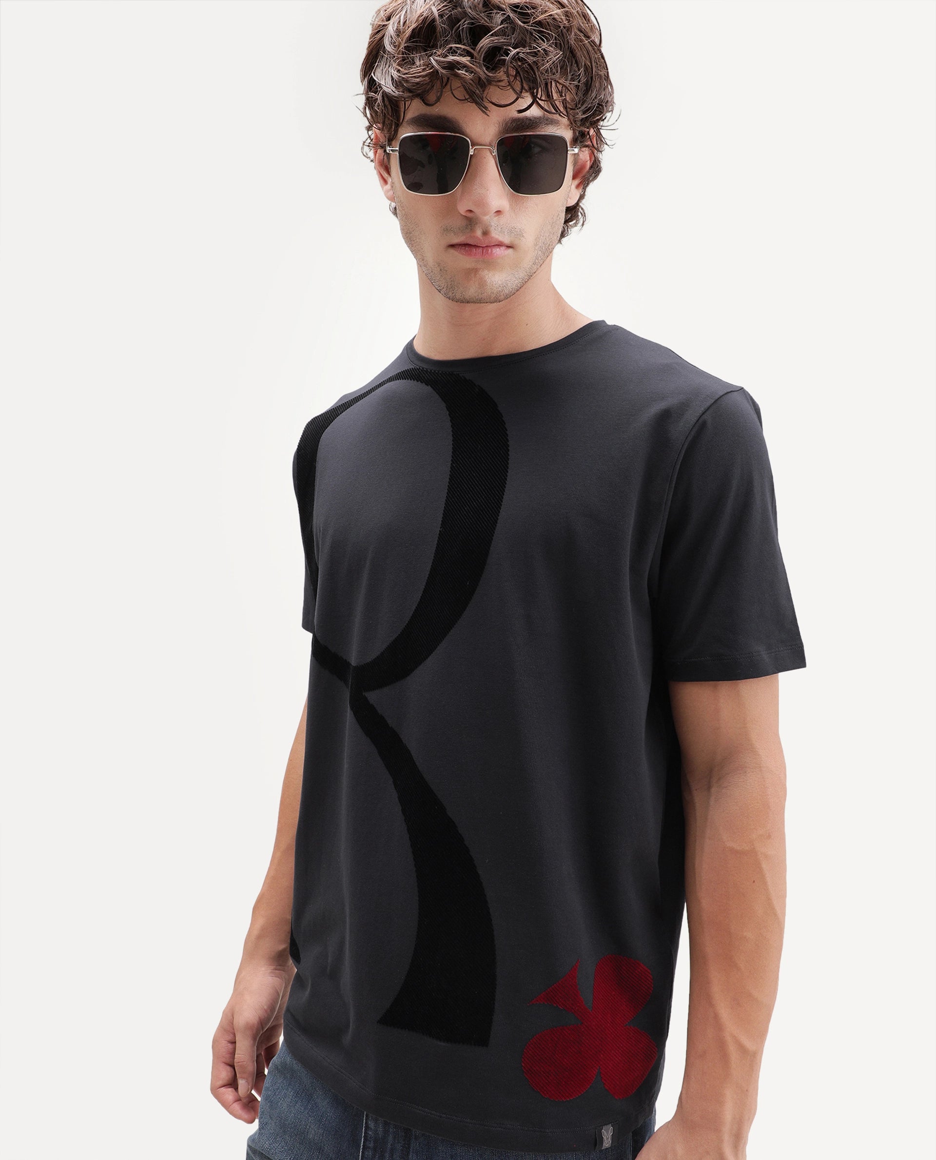 Rare Rabbit Men's Farell Dark Grey Cotton Blend Crew Neck Regular Graphic Print T-Shirt