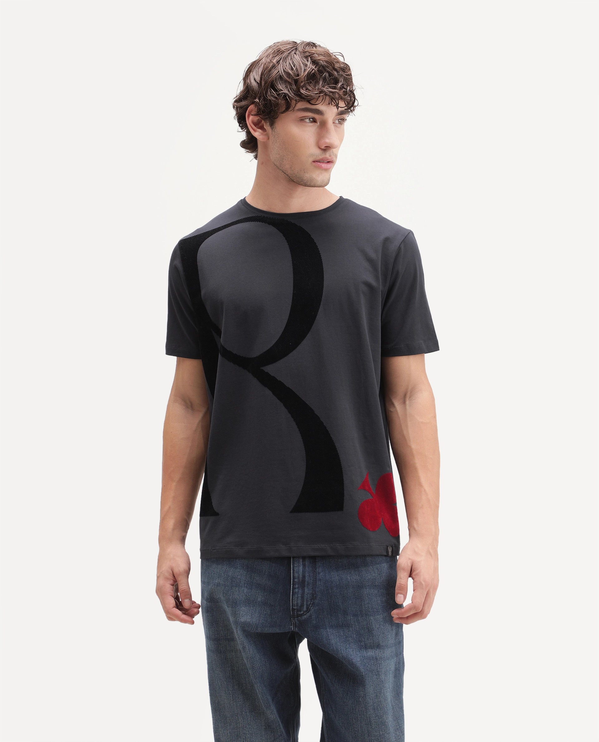 Rare Rabbit Men's Farell Dark Grey Cotton Blend Crew Neck Regular Graphic Print T-Shirt