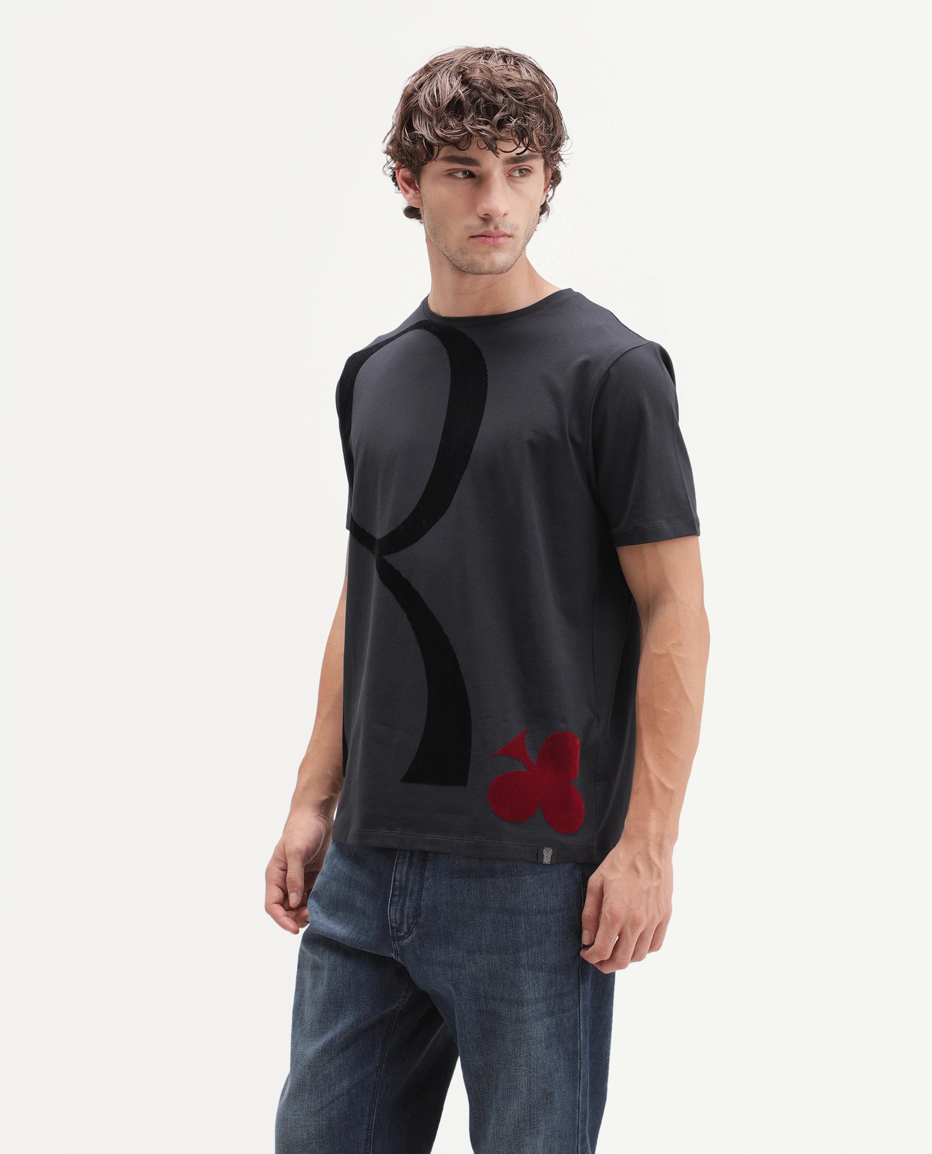 Rare Rabbit Men's Farell Dark Grey Cotton Blend Crew Neck Regular Graphic Print T-Shirt