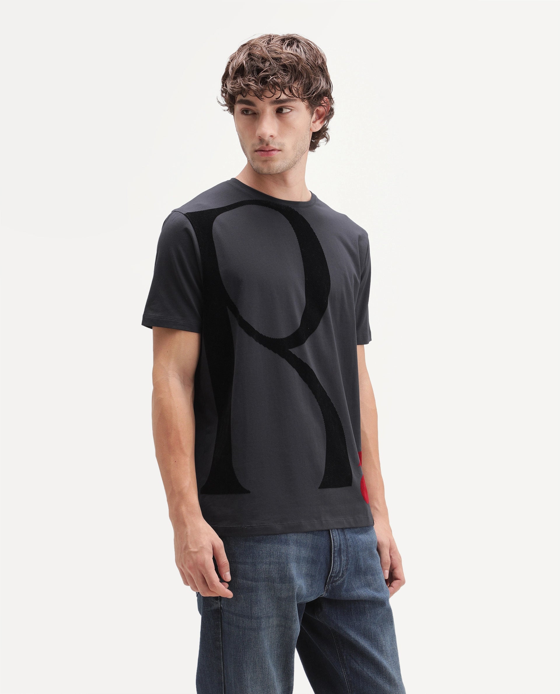 Rare Rabbit Men's Farell Dark Grey Cotton Blend Crew Neck Regular Graphic Print T-Shirt