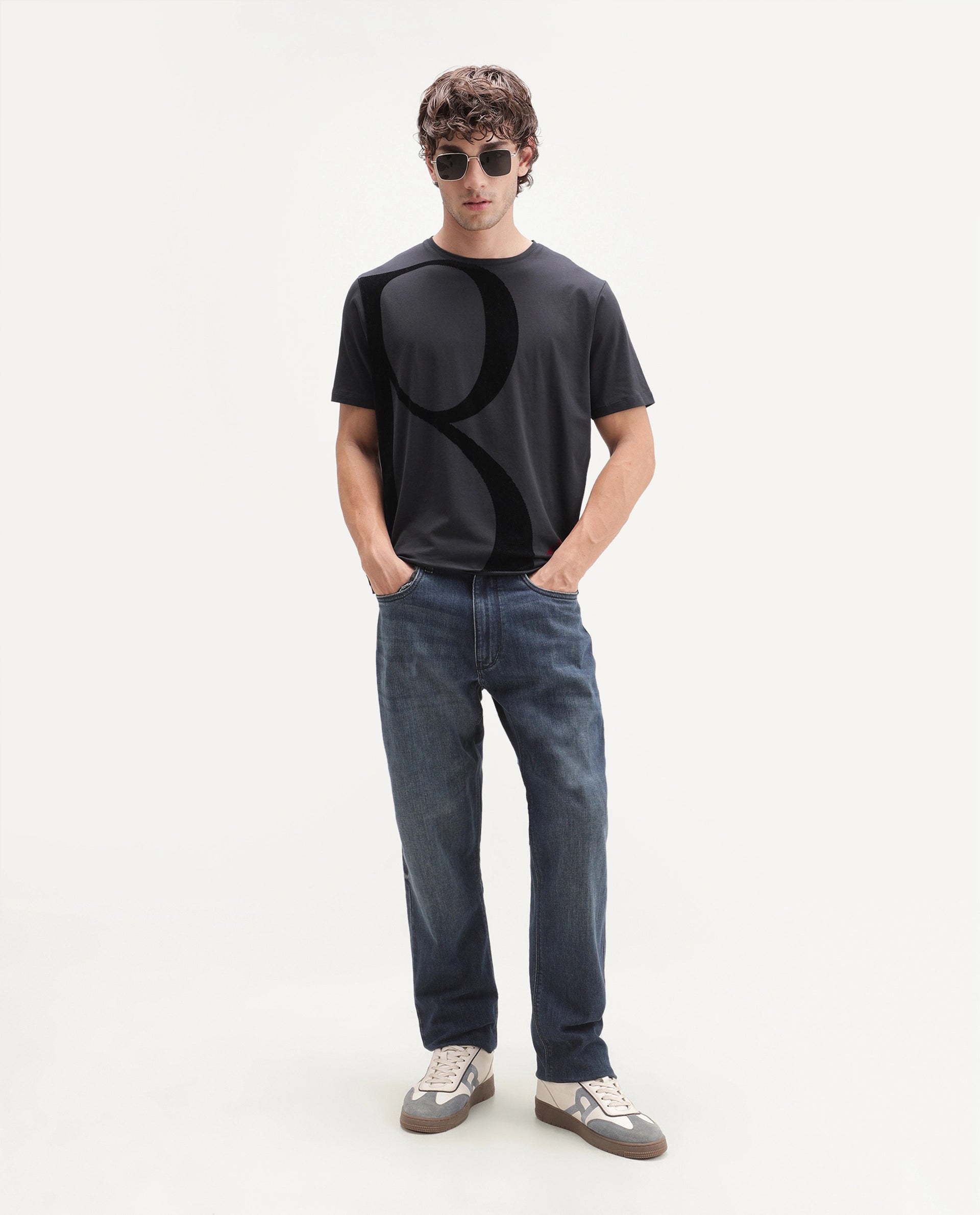 Rare Rabbit Men's Farell Dark Grey Cotton Blend Crew Neck Regular Graphic Print T-Shirt