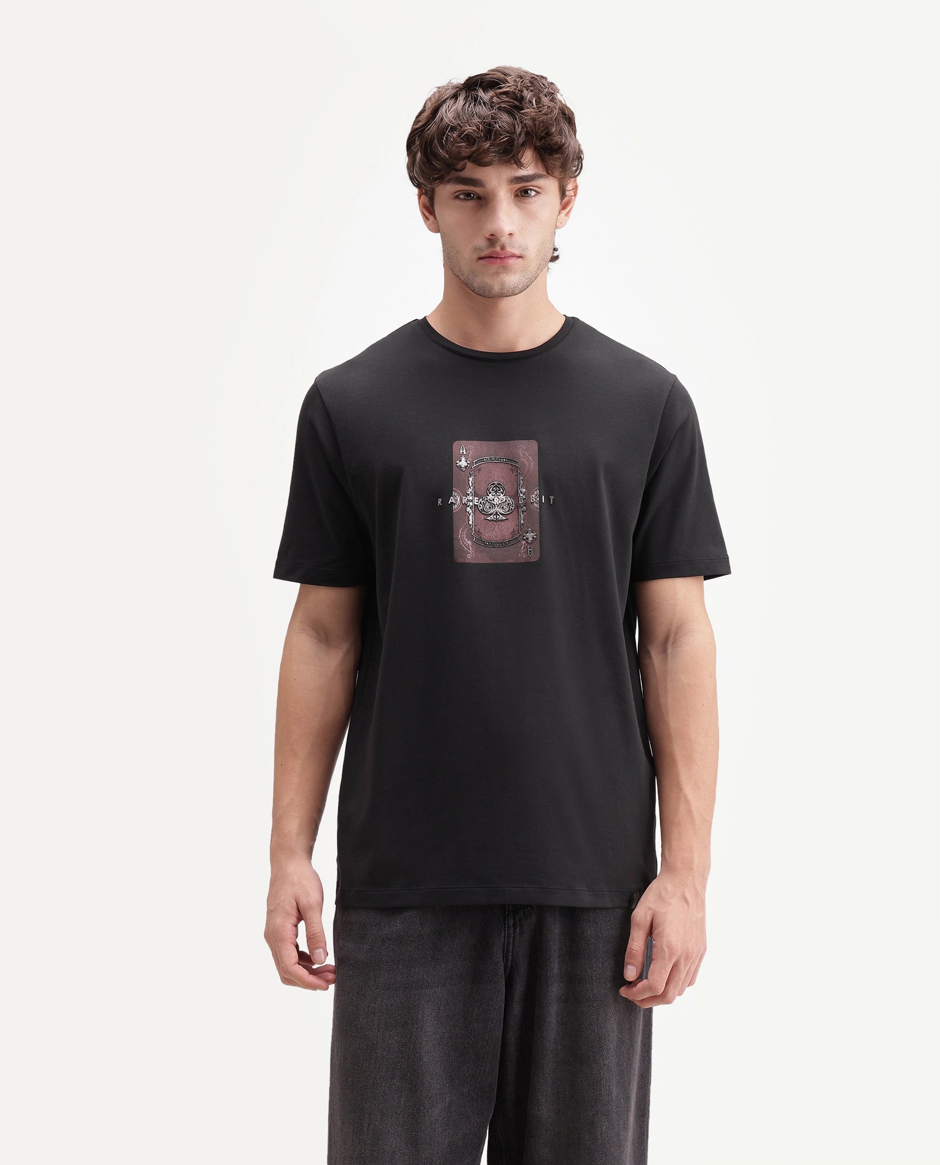 Rare Rabbit Men's Froch Black Cotton Blend Crew Neck Regular Graphic Print T-Shirt