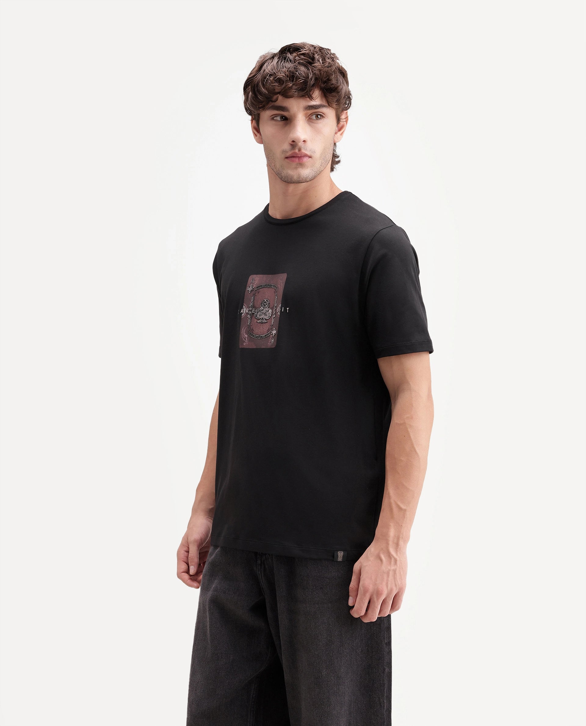 Rare Rabbit Men's Froch Black Cotton Blend Crew Neck Regular Graphic Print T-Shirt