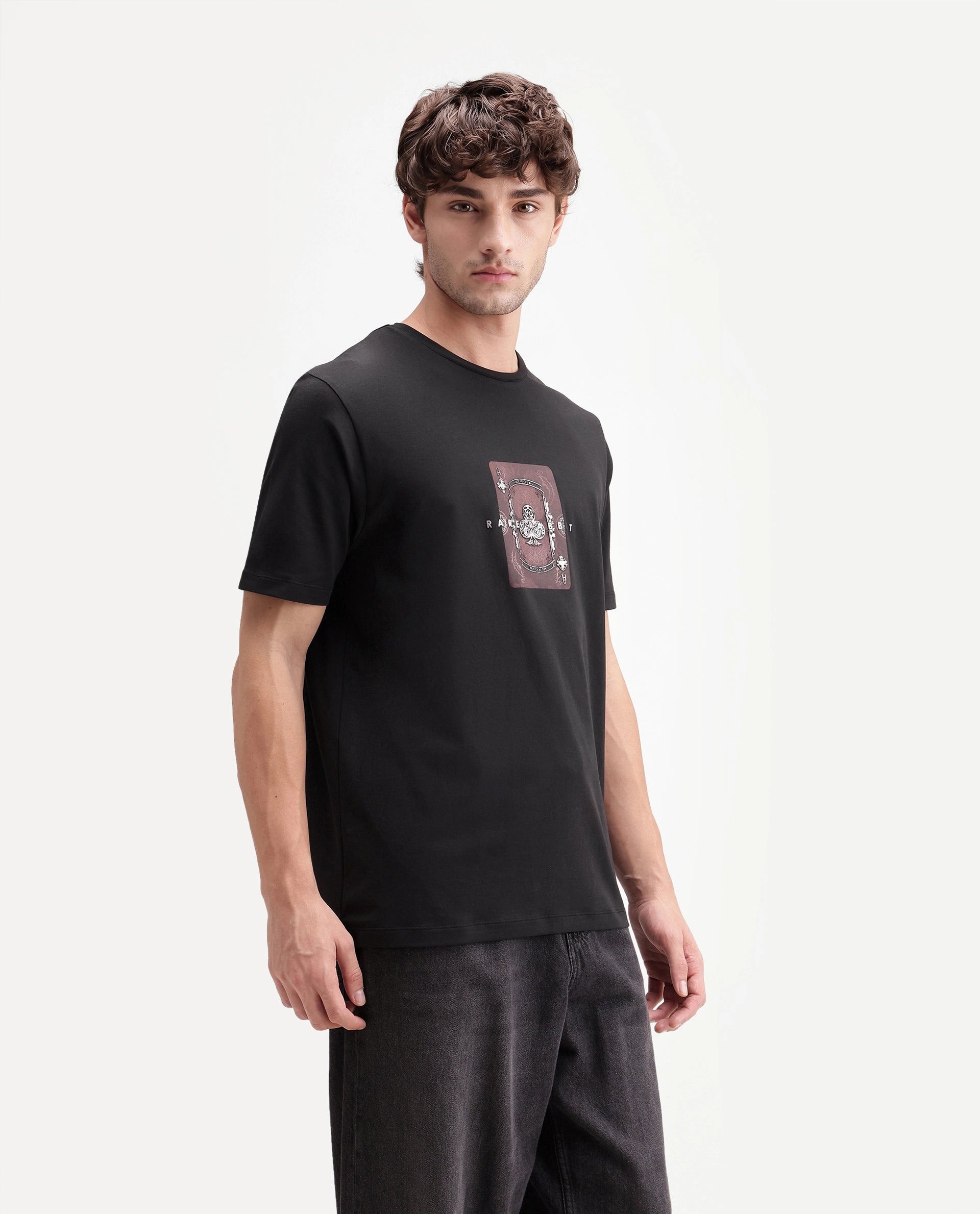 Rare Rabbit Men's Froch Black Cotton Blend Crew Neck Regular Graphic Print T-Shirt