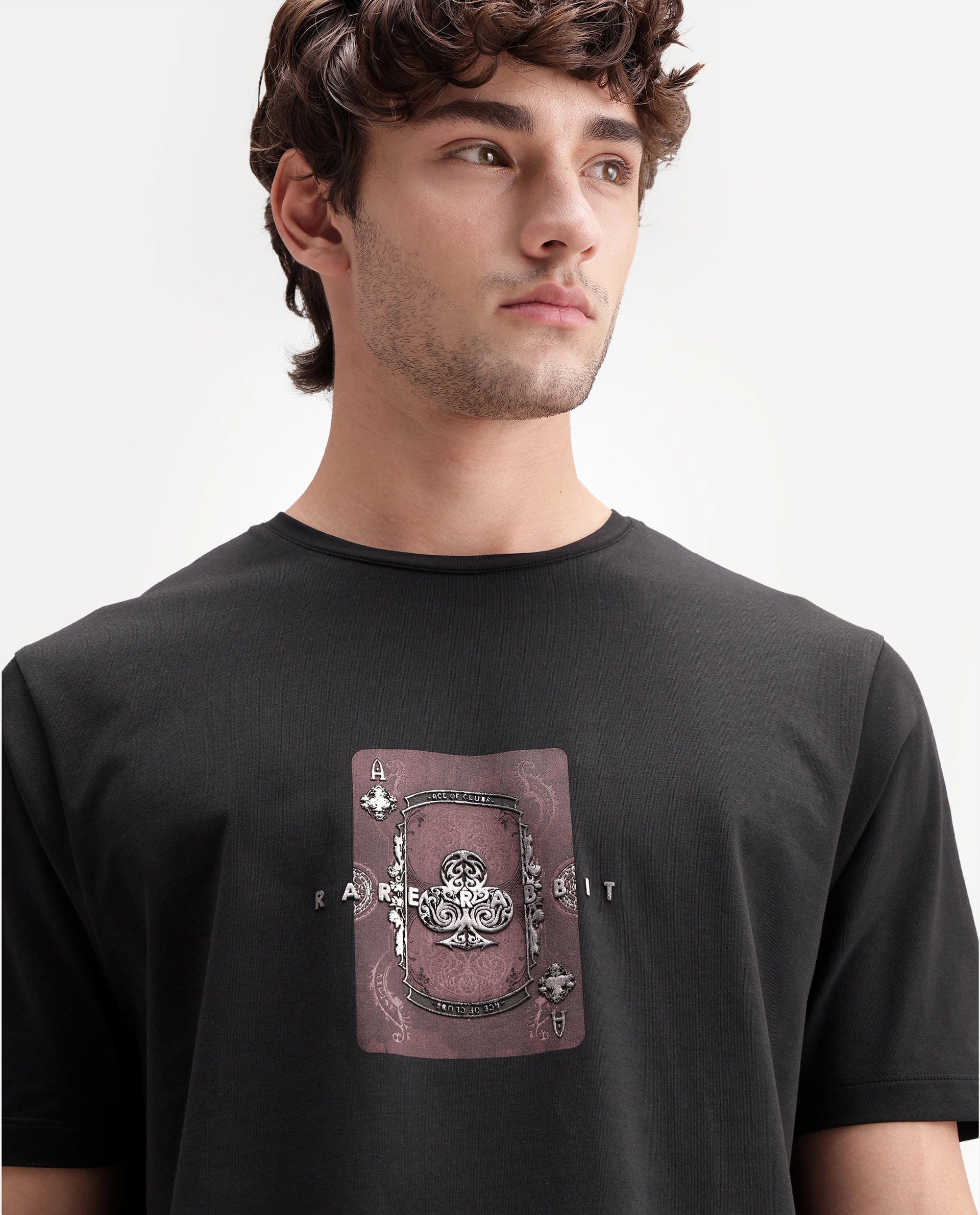 Rare Rabbit Men's Froch Black Cotton Blend Crew Neck Regular Graphic Print T-Shirt