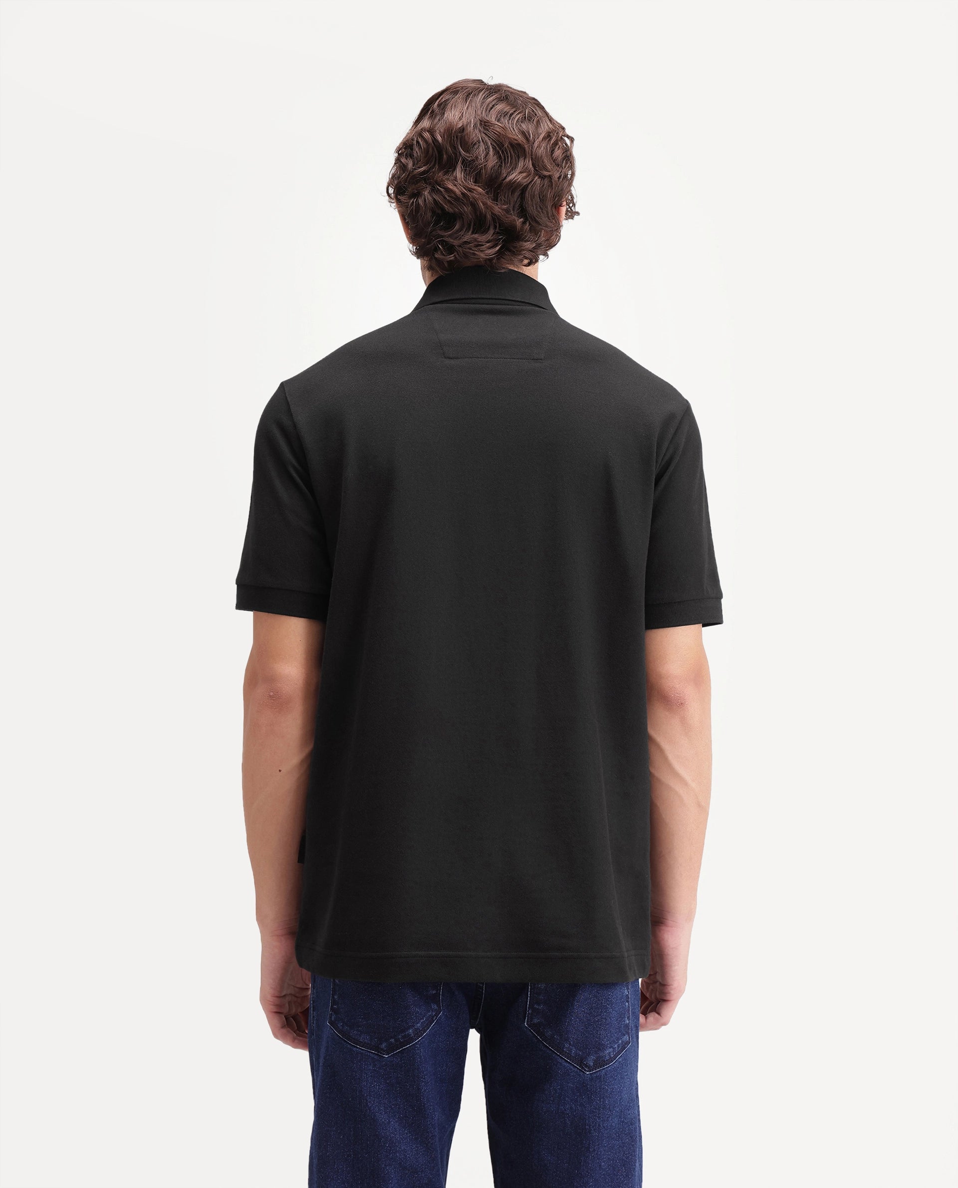 Rare Rabbit Men's Grant Primary Black Cotton Blend Spread Collar Button Regular Plain Polo