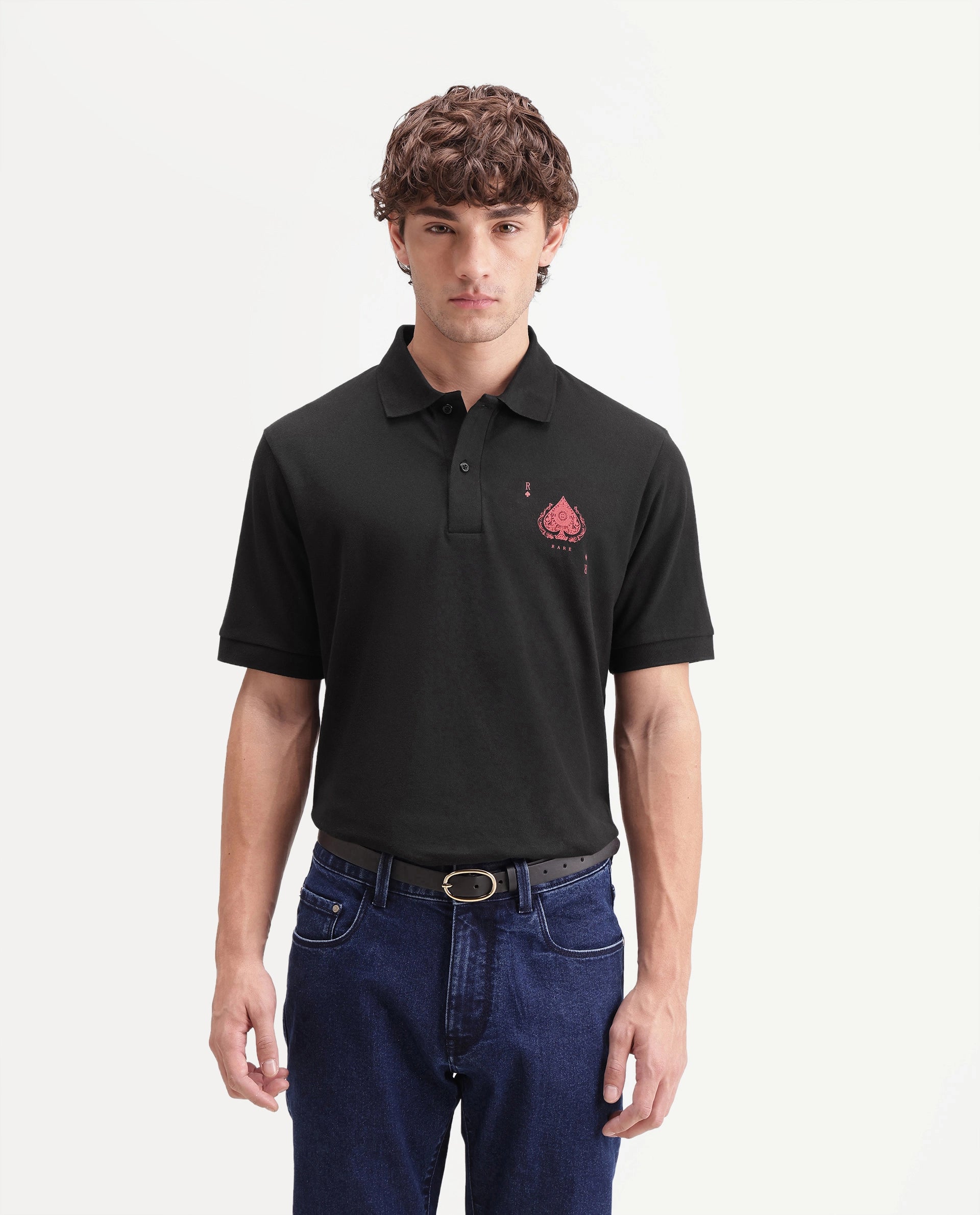 Rare Rabbit Men's Grant Primary Black Cotton Blend Spread Collar Button Regular Plain Polo