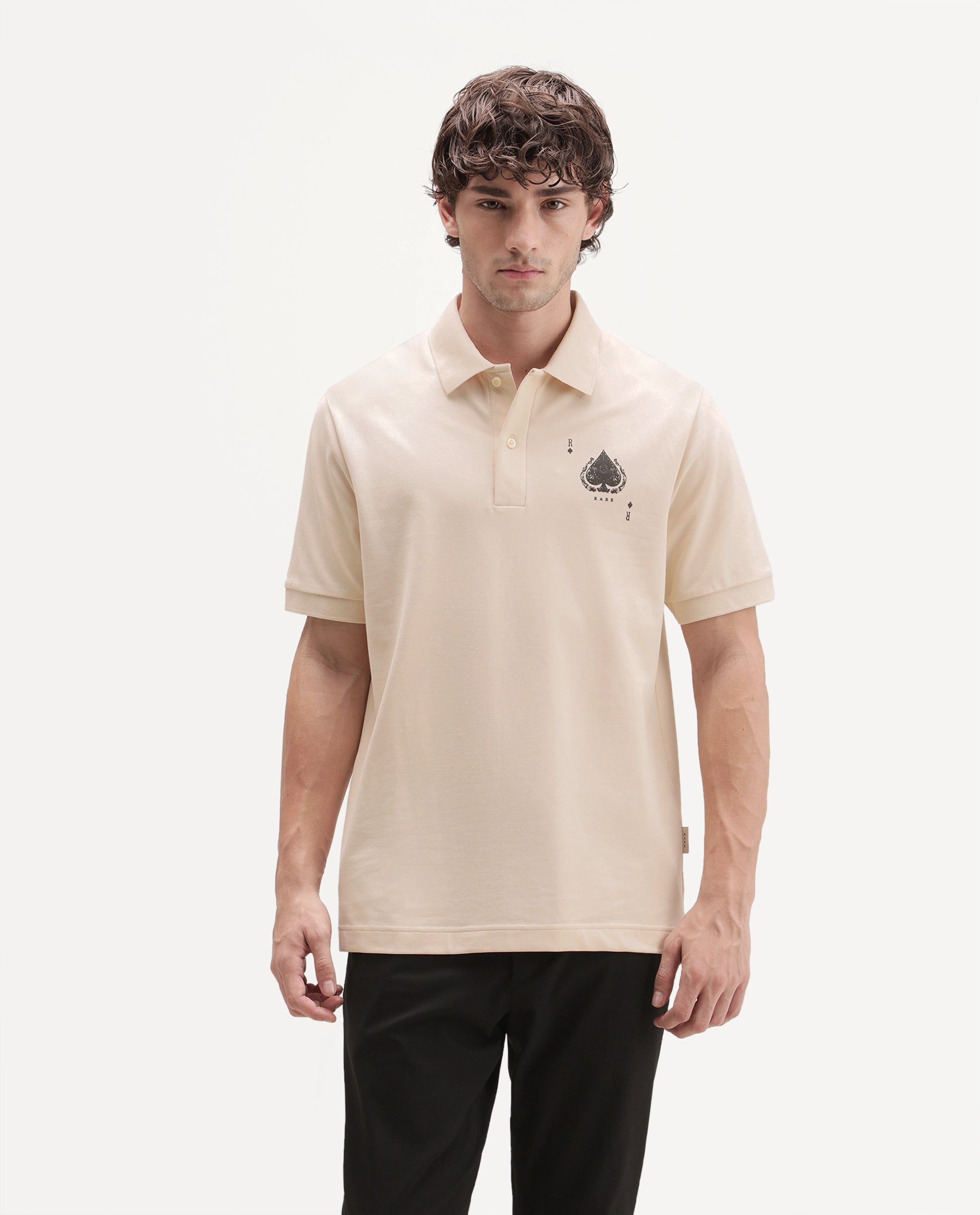 Rare Rabbit Men's Grant Light Beige Cotton Blend Spread Collar Button Regular Plain Polo