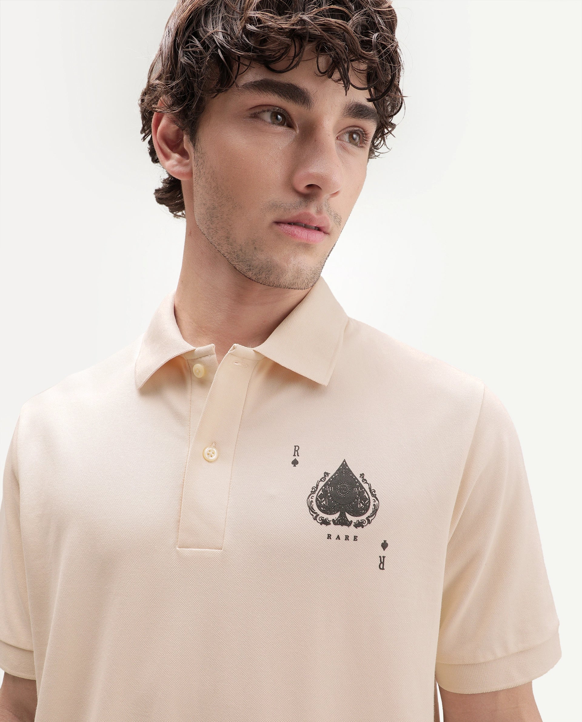 Rare Rabbit Men's Grant Light Beige Cotton Blend Spread Collar Button Regular Plain Polo