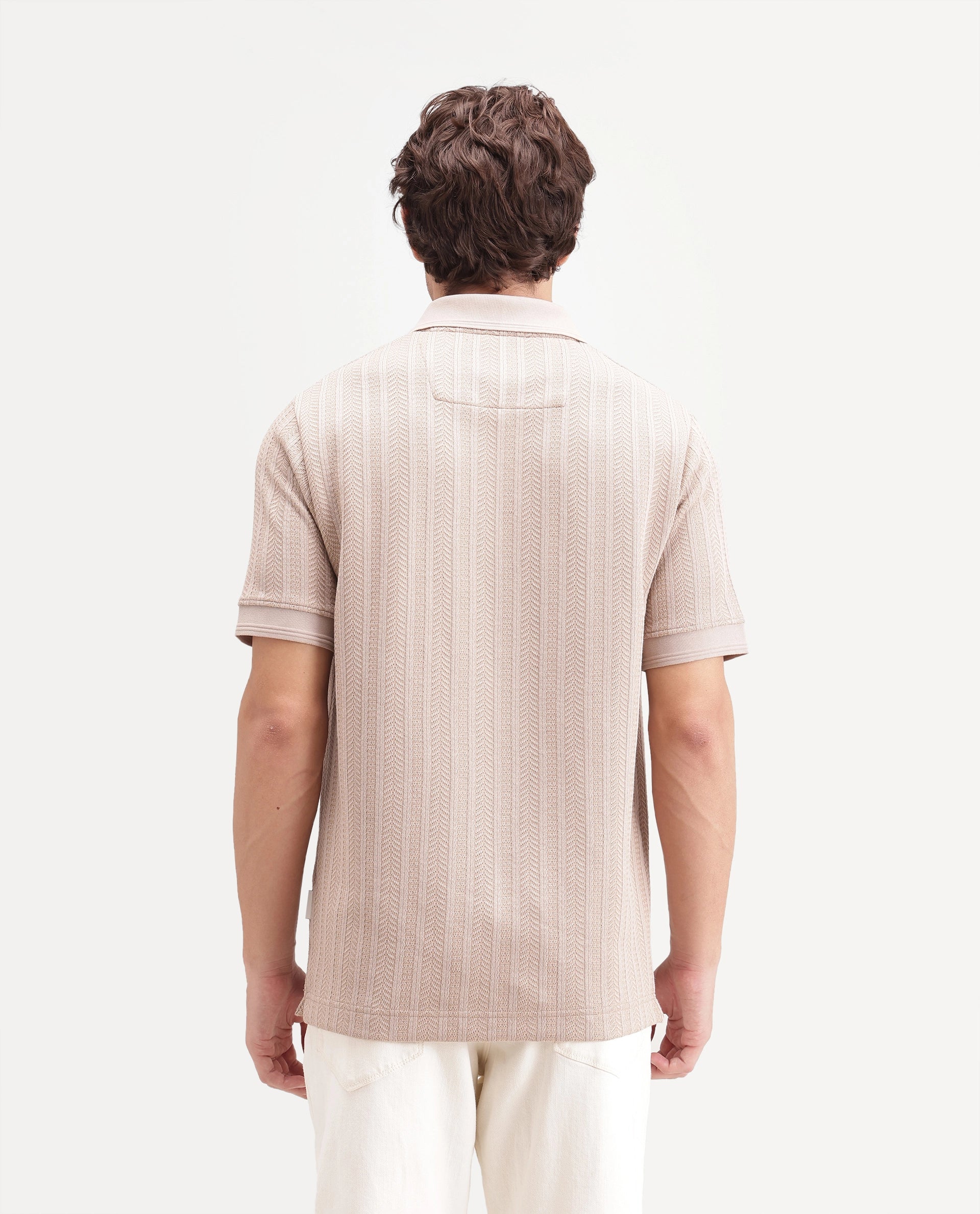 Rare Rabbit Men's Doom Dusky Beige Polyester Blend Spread Collar Zipper Regular Jacquard Polo