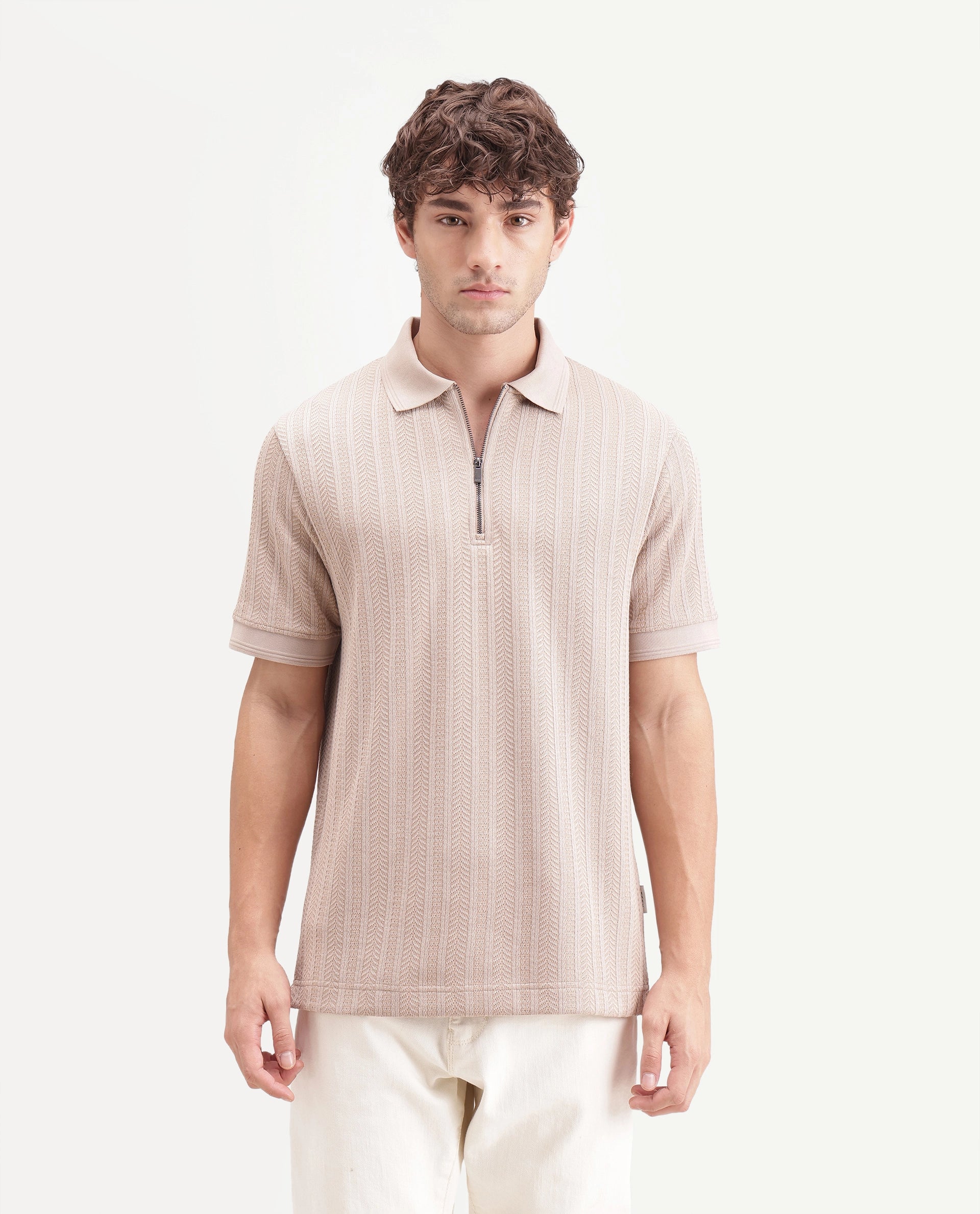 Rare Rabbit Men's Doom Dusky Beige Polyester Blend Spread Collar Zipper Regular Jacquard Polo