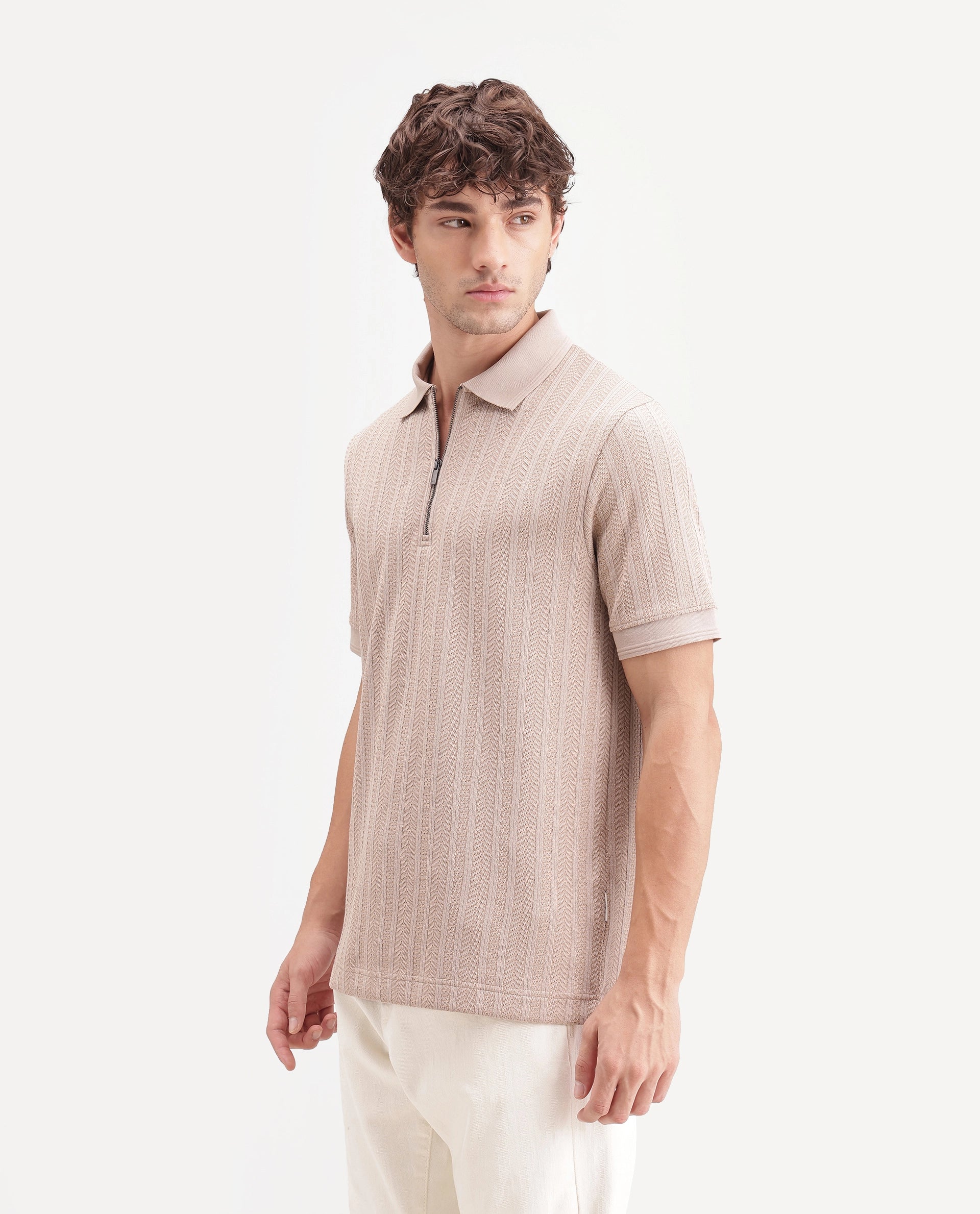 Rare Rabbit Men's Doom Dusky Beige Polyester Blend Spread Collar Zipper Regular Jacquard Polo