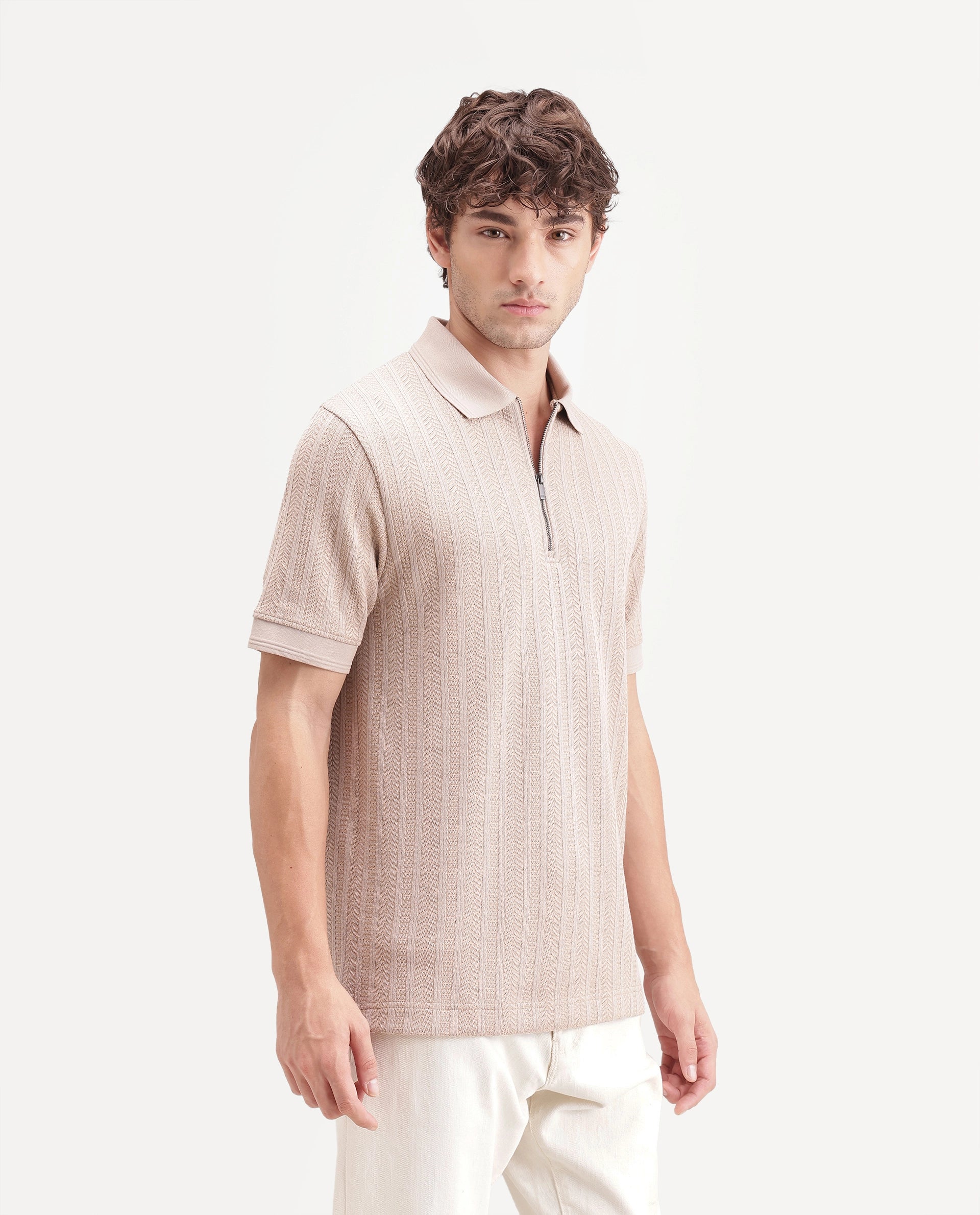 Rare Rabbit Men's Doom Dusky Beige Polyester Blend Spread Collar Zipper Regular Jacquard Polo