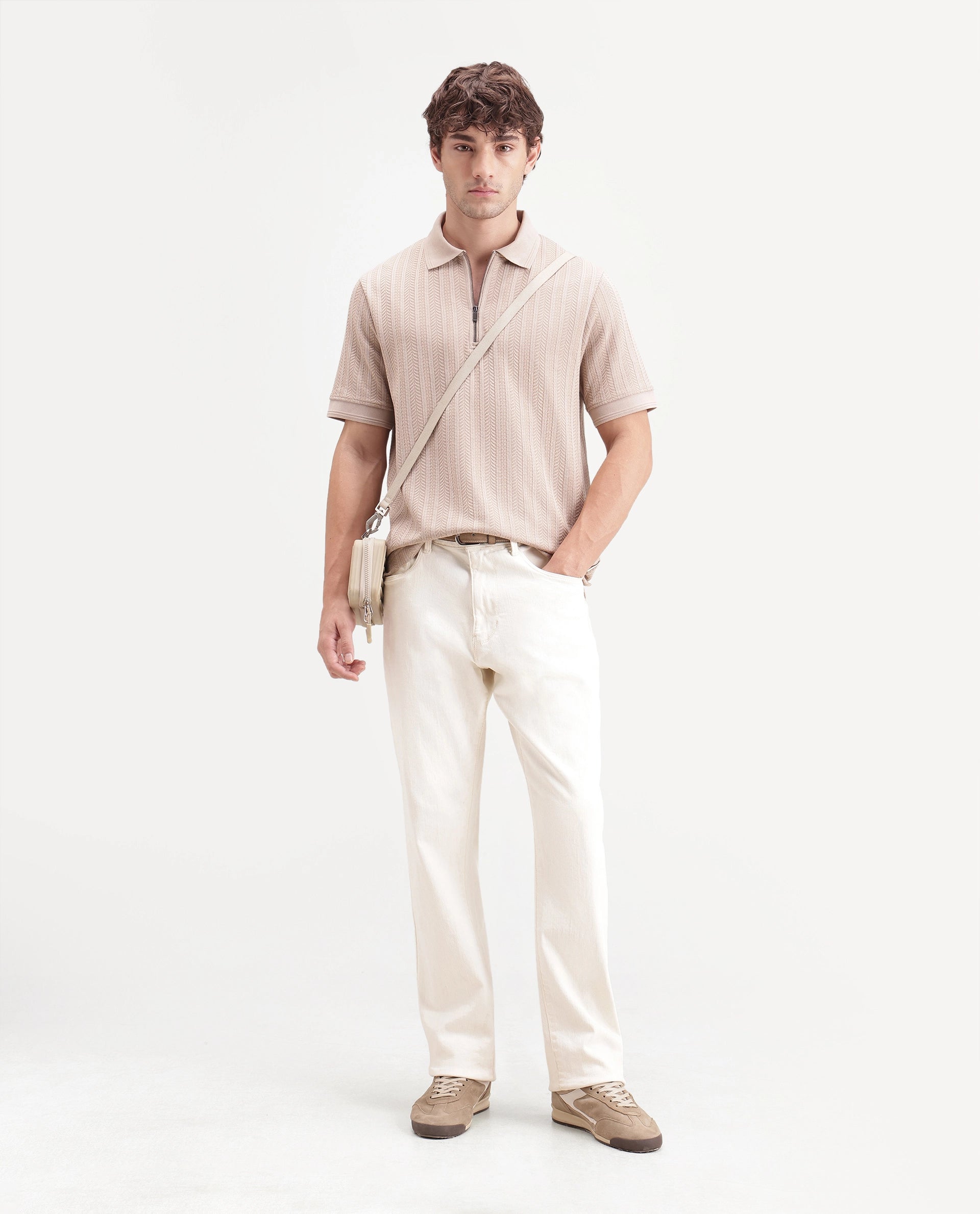 Rare Rabbit Men's Doom Dusky Beige Polyester Blend Spread Collar Zipper Regular Jacquard Polo
