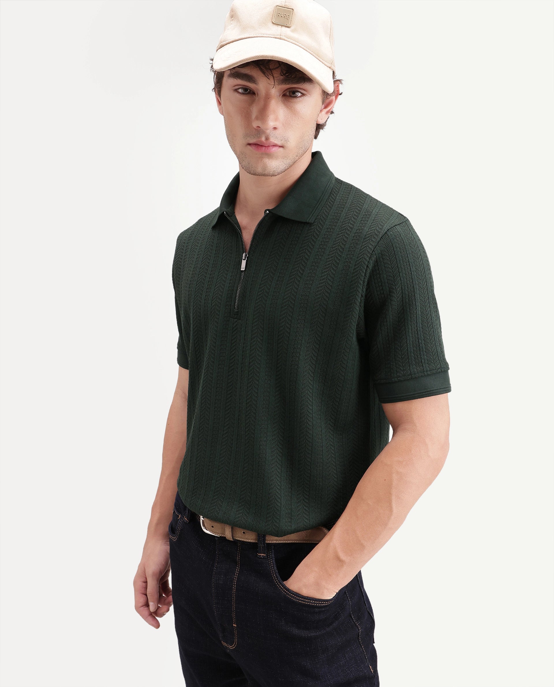 Rare Rabbit Men's Doom Dark Green Polyester Blend Spread Collar Zipper Regular Jacquard Polo