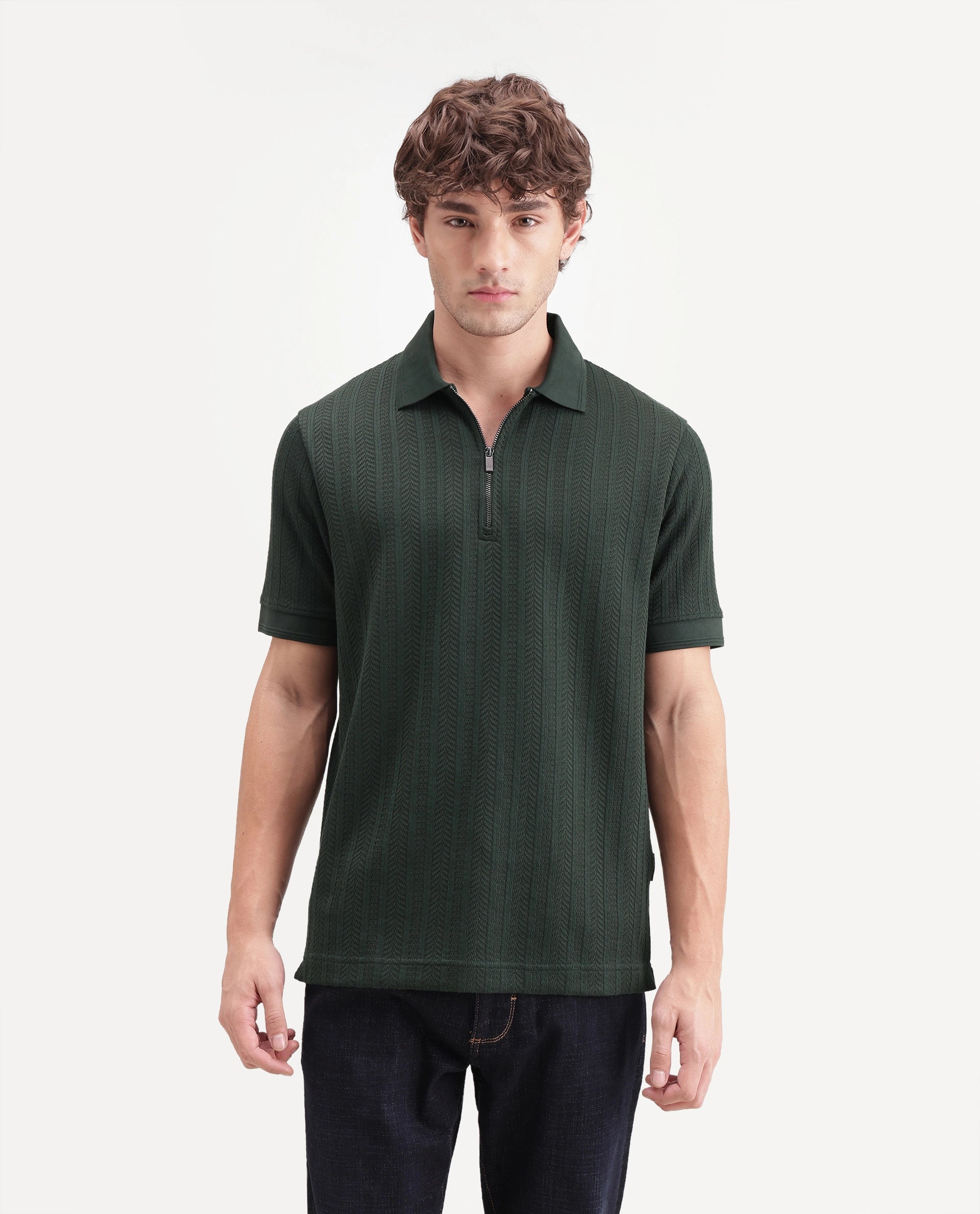 Rare Rabbit Men's Doom Dark Green Polyester Blend Spread Collar Zipper Regular Jacquard Polo