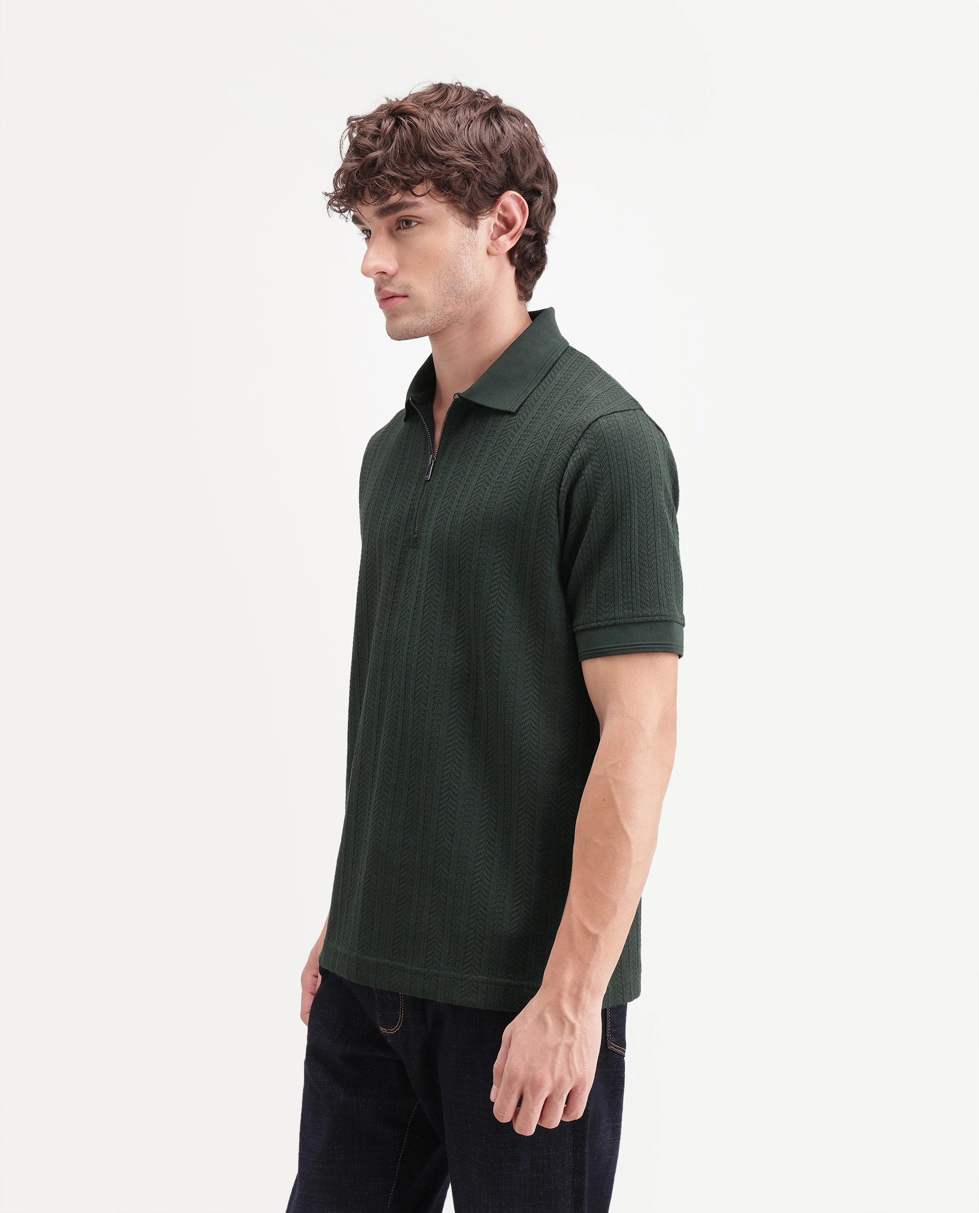 Rare Rabbit Men's Doom Dark Green Polyester Blend Spread Collar Zipper Regular Jacquard Polo