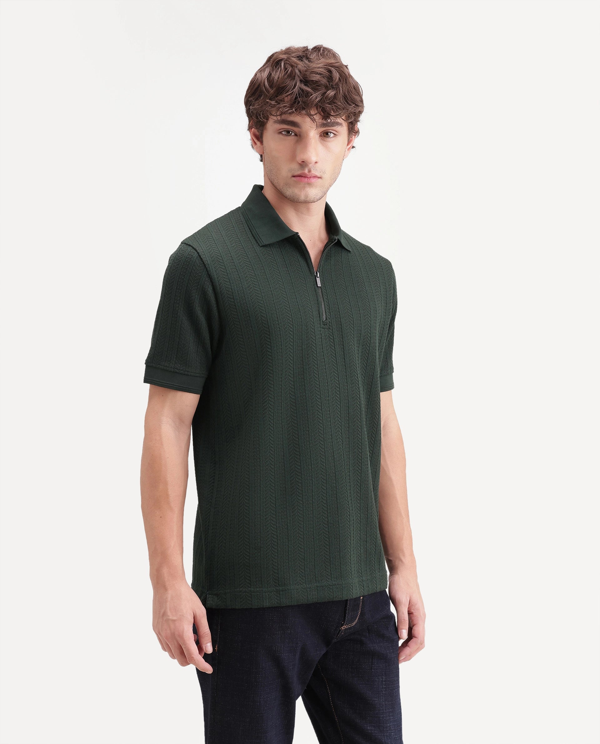 Rare Rabbit Men's Doom Dark Green Polyester Blend Spread Collar Zipper Regular Jacquard Polo