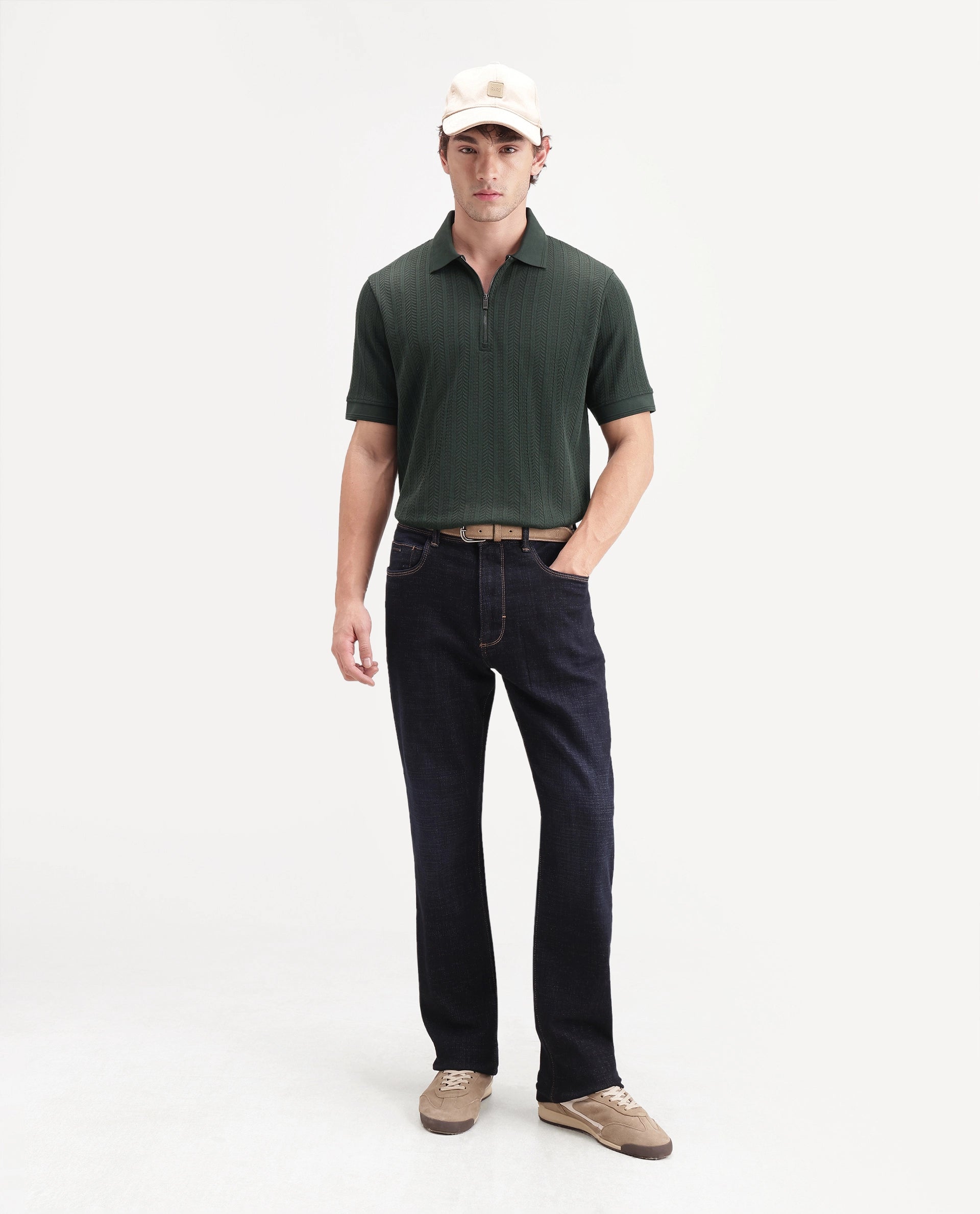 Rare Rabbit Men's Doom Dark Green Polyester Blend Spread Collar Zipper Regular Jacquard Polo