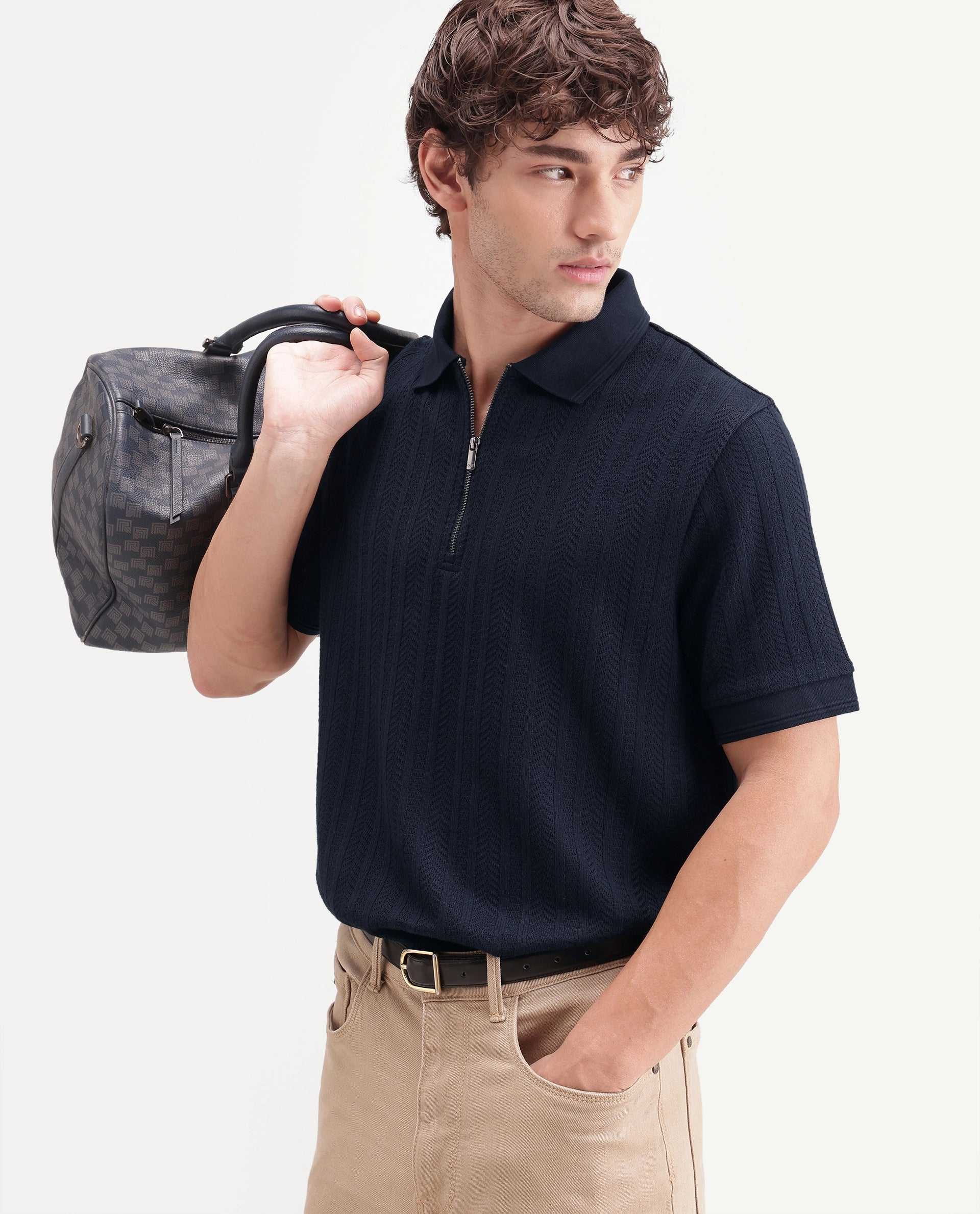Rare Rabbit Men's Doom Primary Navy Polyester Blend Spread Collar Zipper Regular Jacquard Polo