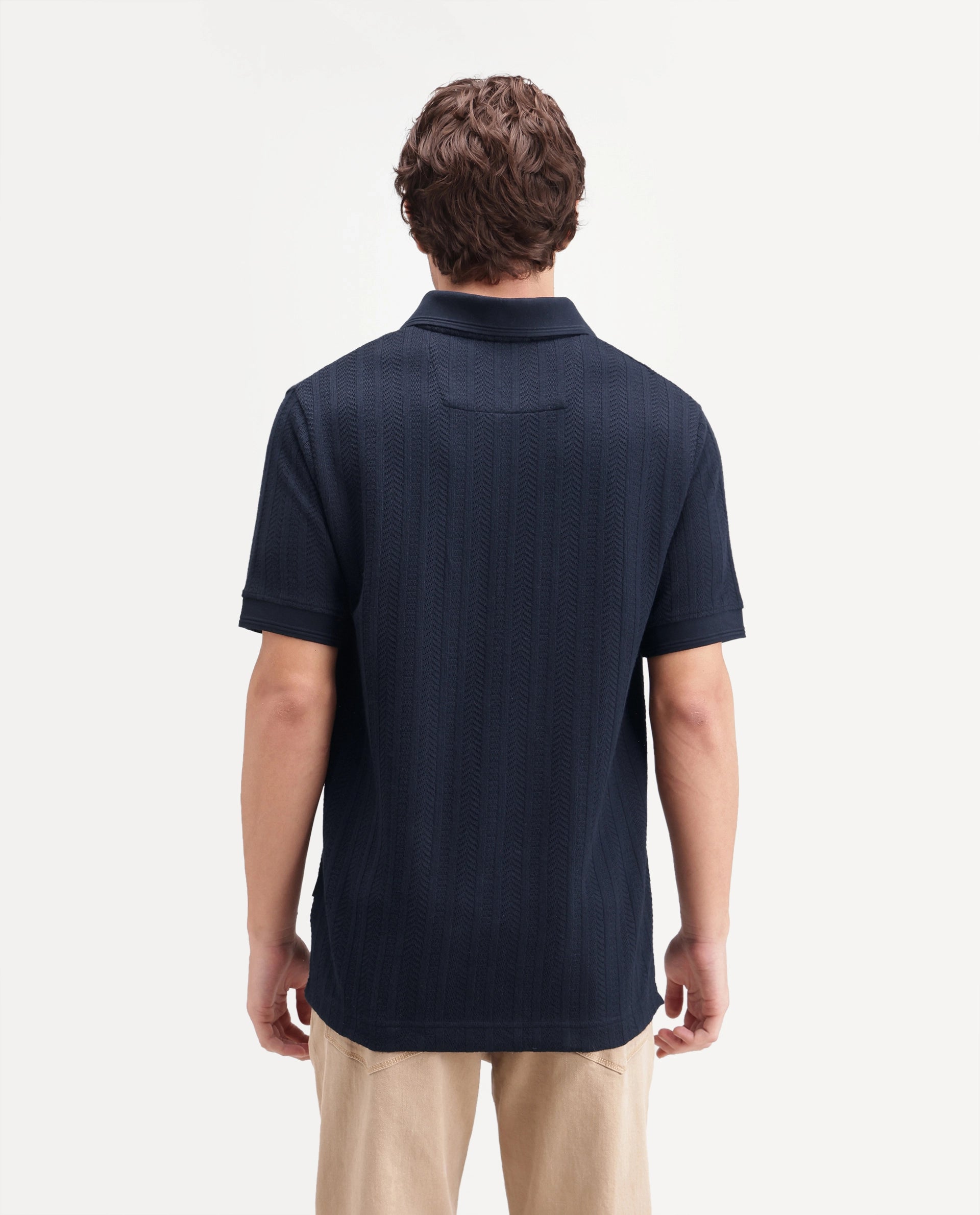 Rare Rabbit Men's Doom Primary Navy Polyester Blend Spread Collar Zipper Regular Jacquard Polo