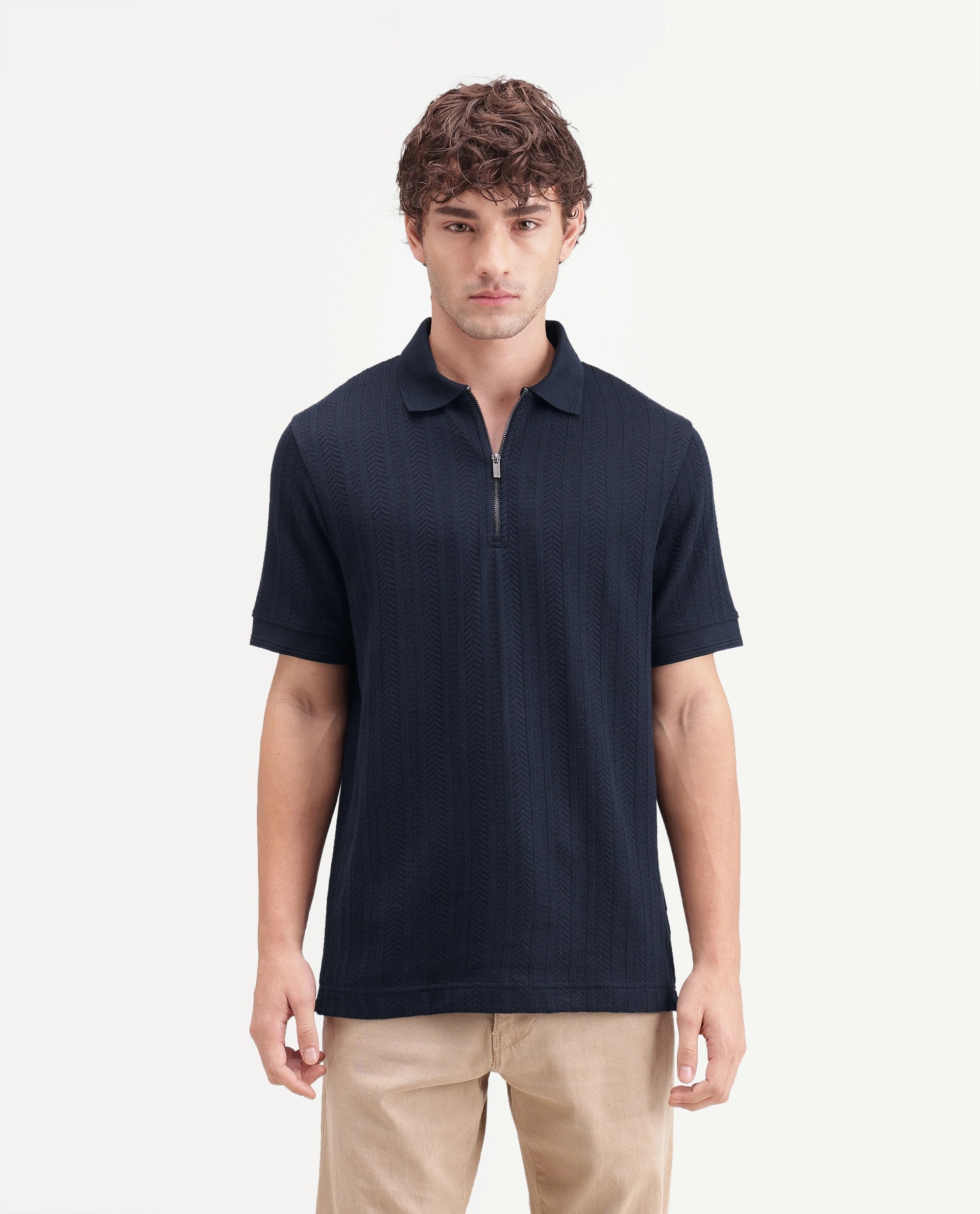 Rare Rabbit Men's Doom Primary Navy Polyester Blend Spread Collar Zipper Regular Jacquard Polo