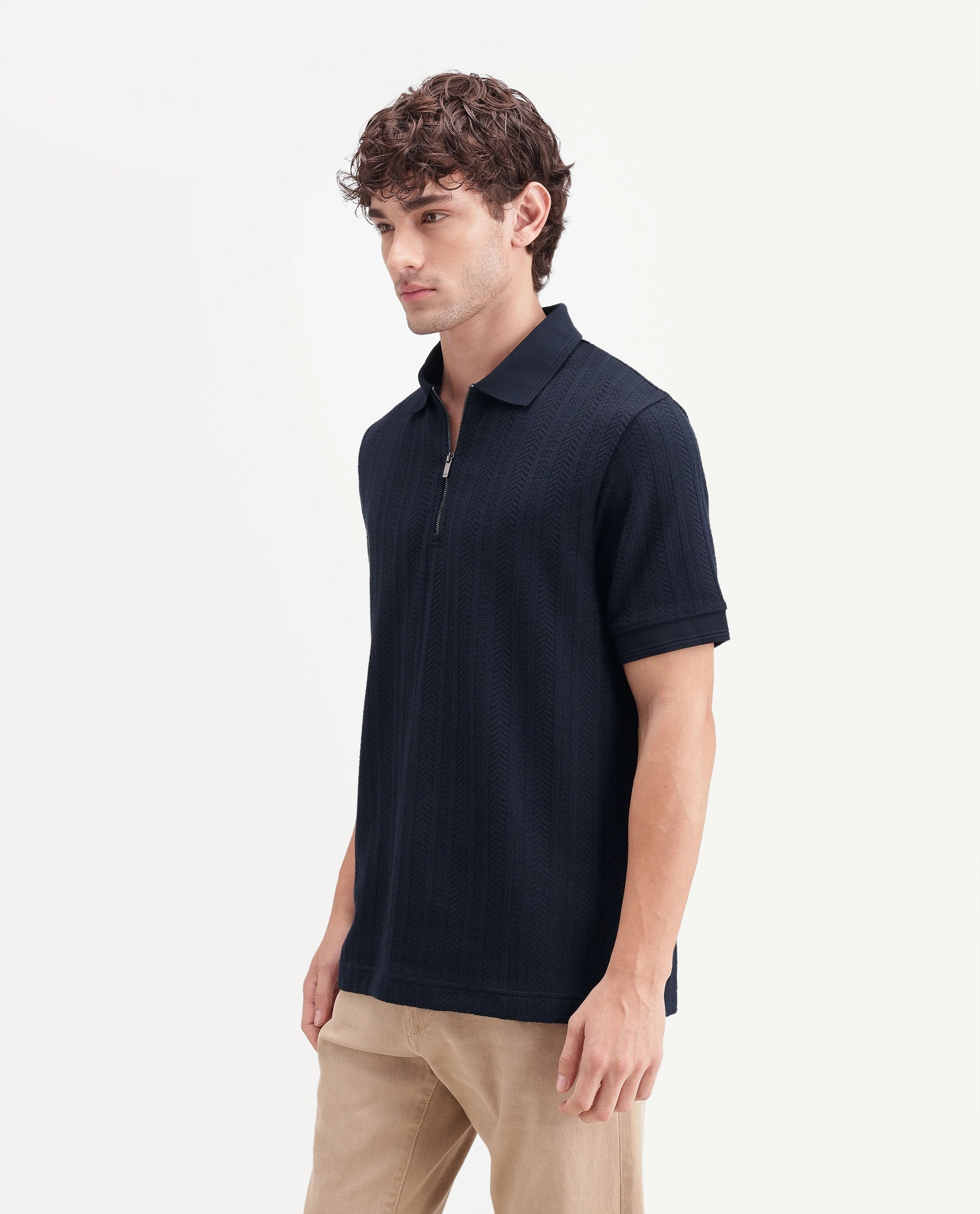 Rare Rabbit Men's Doom Primary Navy Polyester Blend Spread Collar Zipper Regular Jacquard Polo