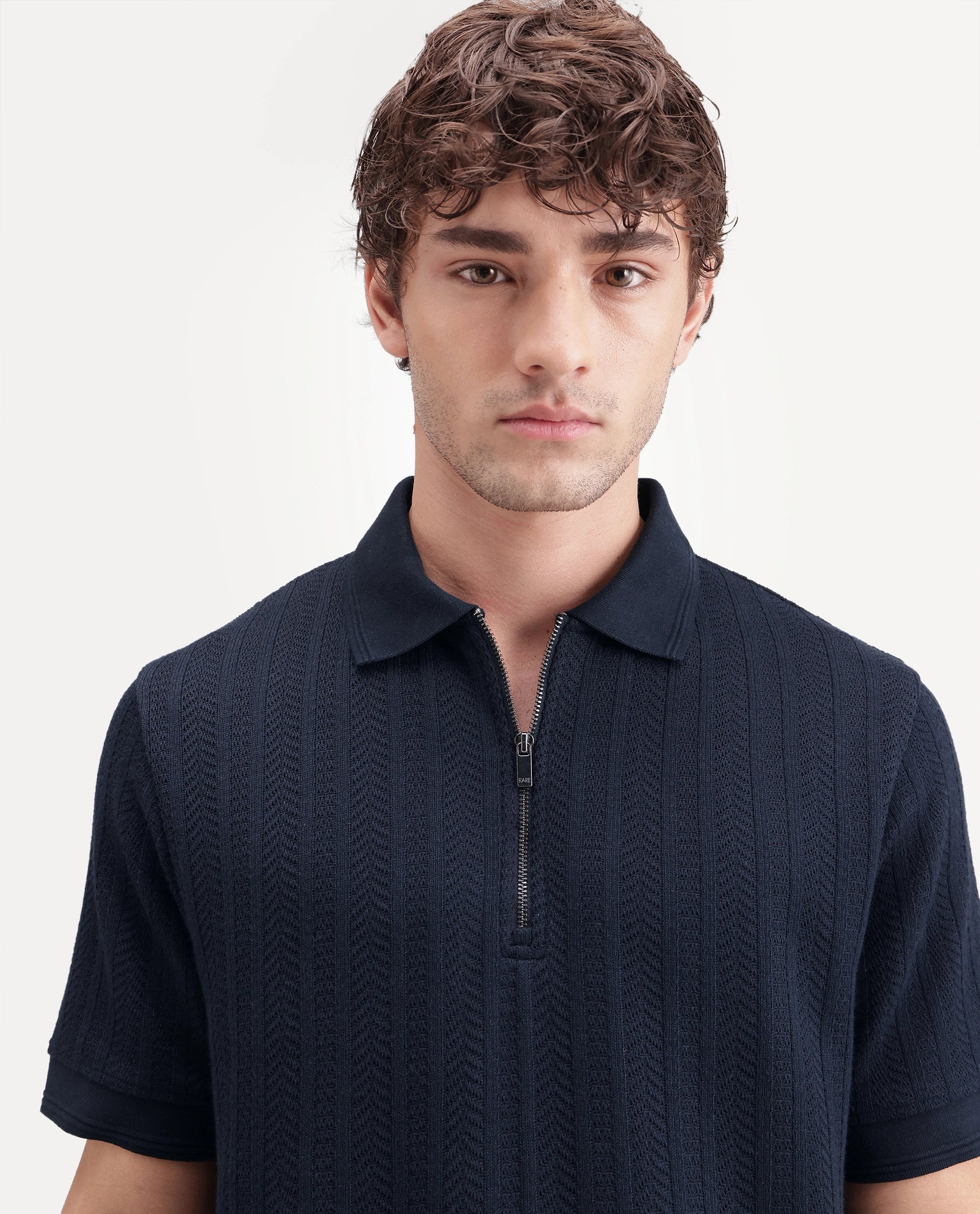 Rare Rabbit Men's Doom Primary Navy Polyester Blend Spread Collar Zipper Regular Jacquard Polo