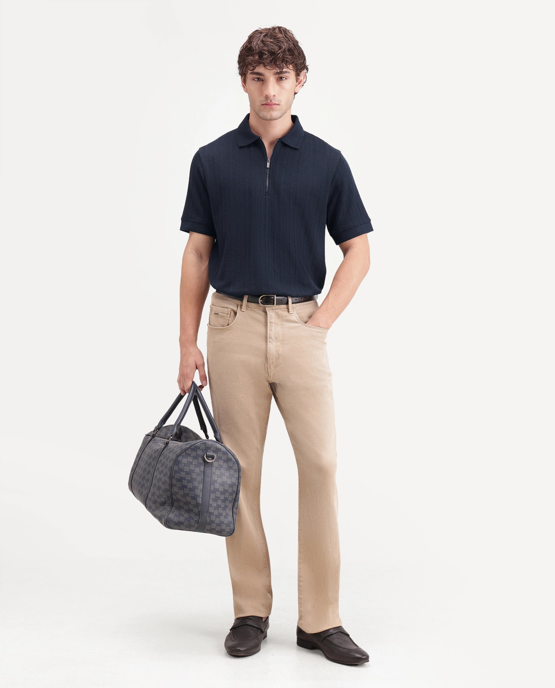Rare Rabbit Men's Doom Primary Navy Polyester Blend Spread Collar Zipper Regular Jacquard Polo