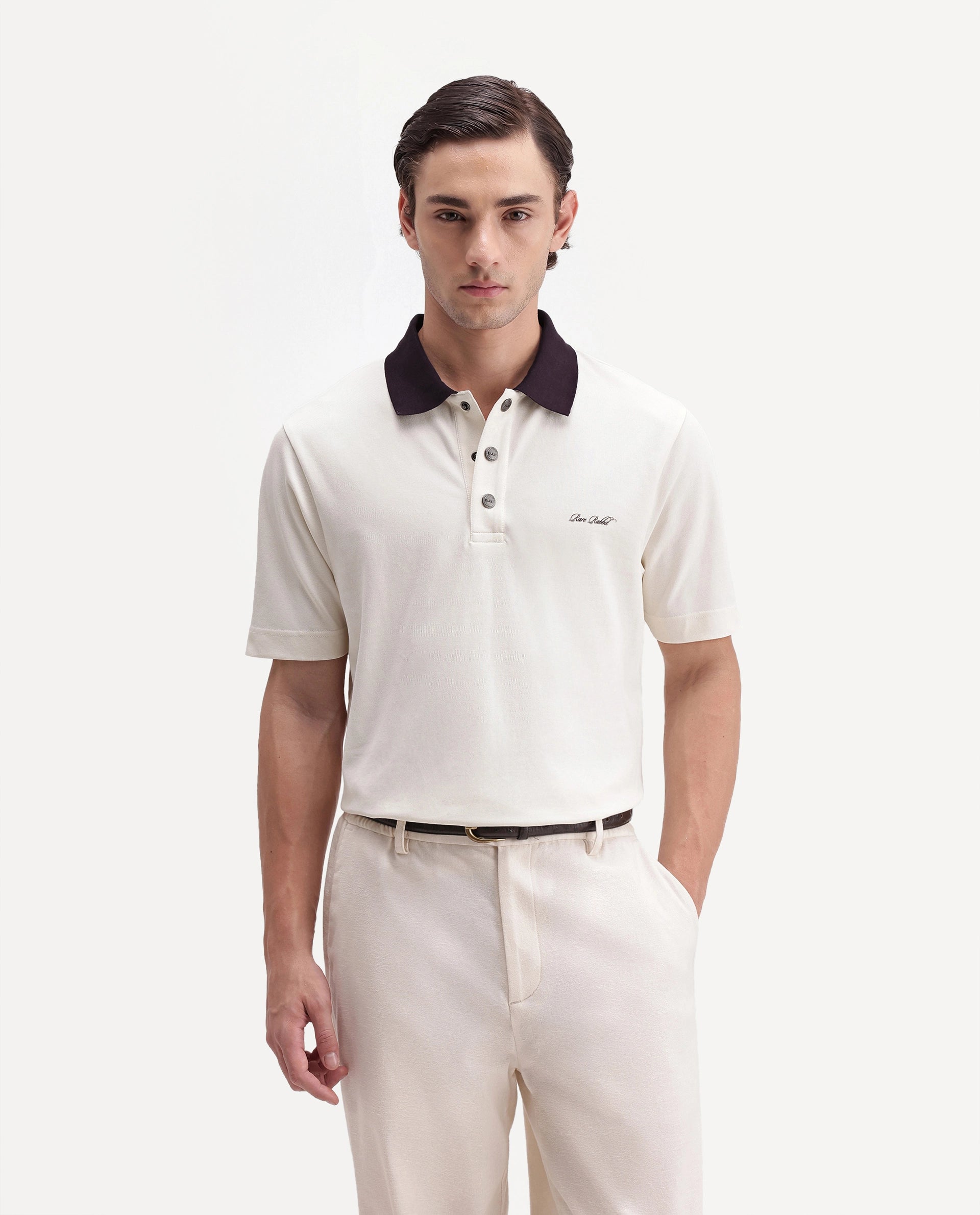 Rare Rabbit Men's Nolan Primary Off-White Cotton Blend Spread Collar Button Regular Plain Polo