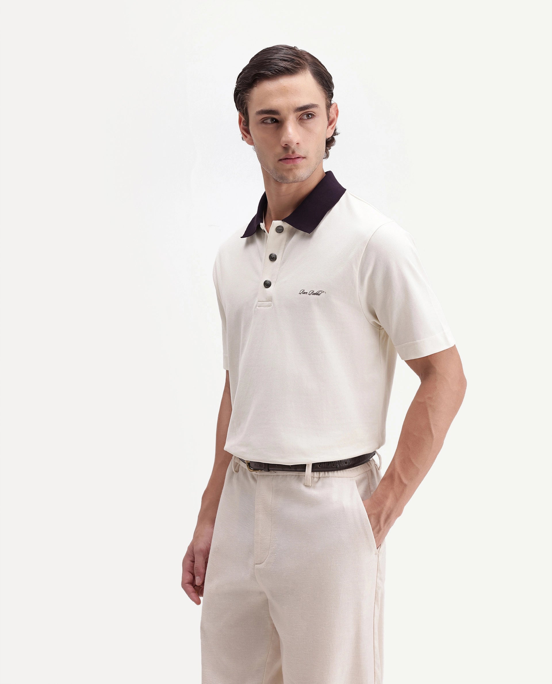 Rare Rabbit Men's Nolan Primary Off-White Cotton Blend Spread Collar Button Regular Plain Polo