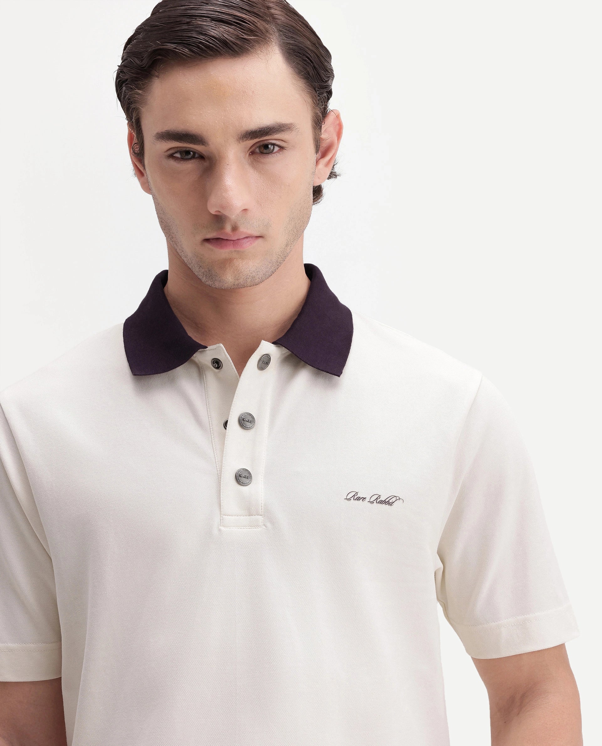 Rare Rabbit Men's Nolan Primary Off-White Cotton Blend Spread Collar Button Regular Plain Polo